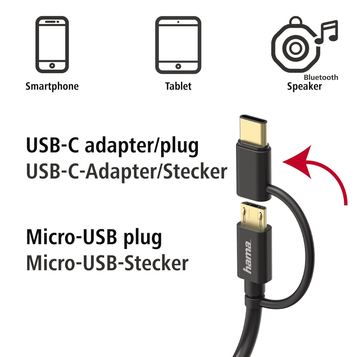 Hama 2in1 Ladekabel Daten-Kabel Micro-USB + USB-C USB-Kabel, USB-A, USB-C, Micro-USB, (100 cm), Adapter Ladegerät Lader Kabel für Smartphone Tablet Bluetooth Speaker