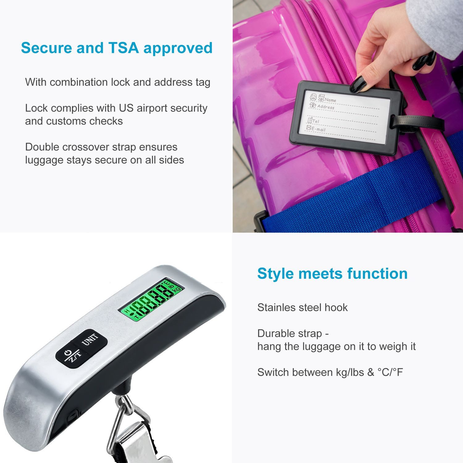 Intirilife Kofferwaage, (Set, 1-tlg), Reiseset mit digitaler Kofferwaage & Gepäckgurt mit TSA-Zahlenschloss