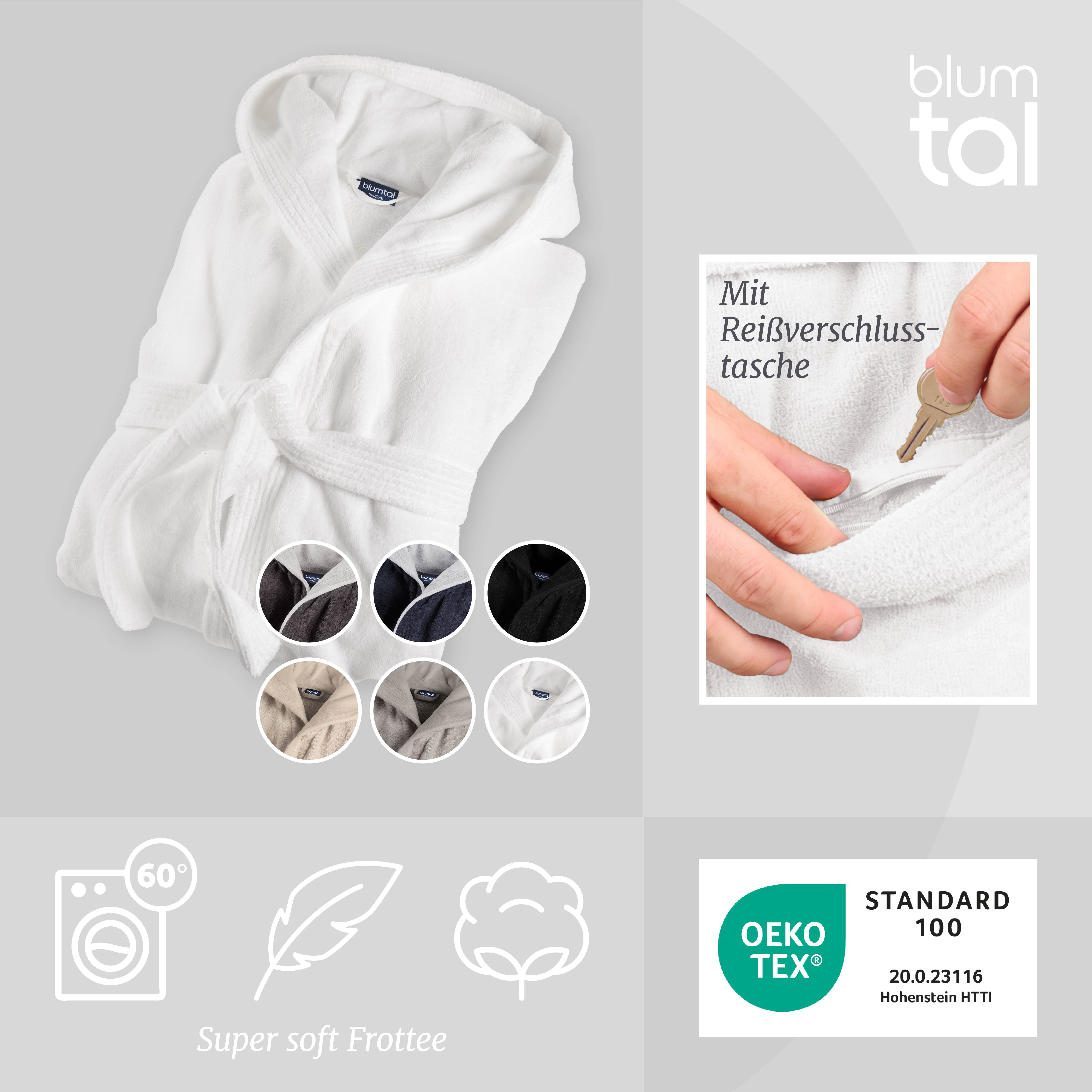 Blumtal Bademantel Herren, Baumwolle, mit gefütterter Kapuze, mit samtigen Frottee-Velours, Oeko-TEX® Zertifiziert