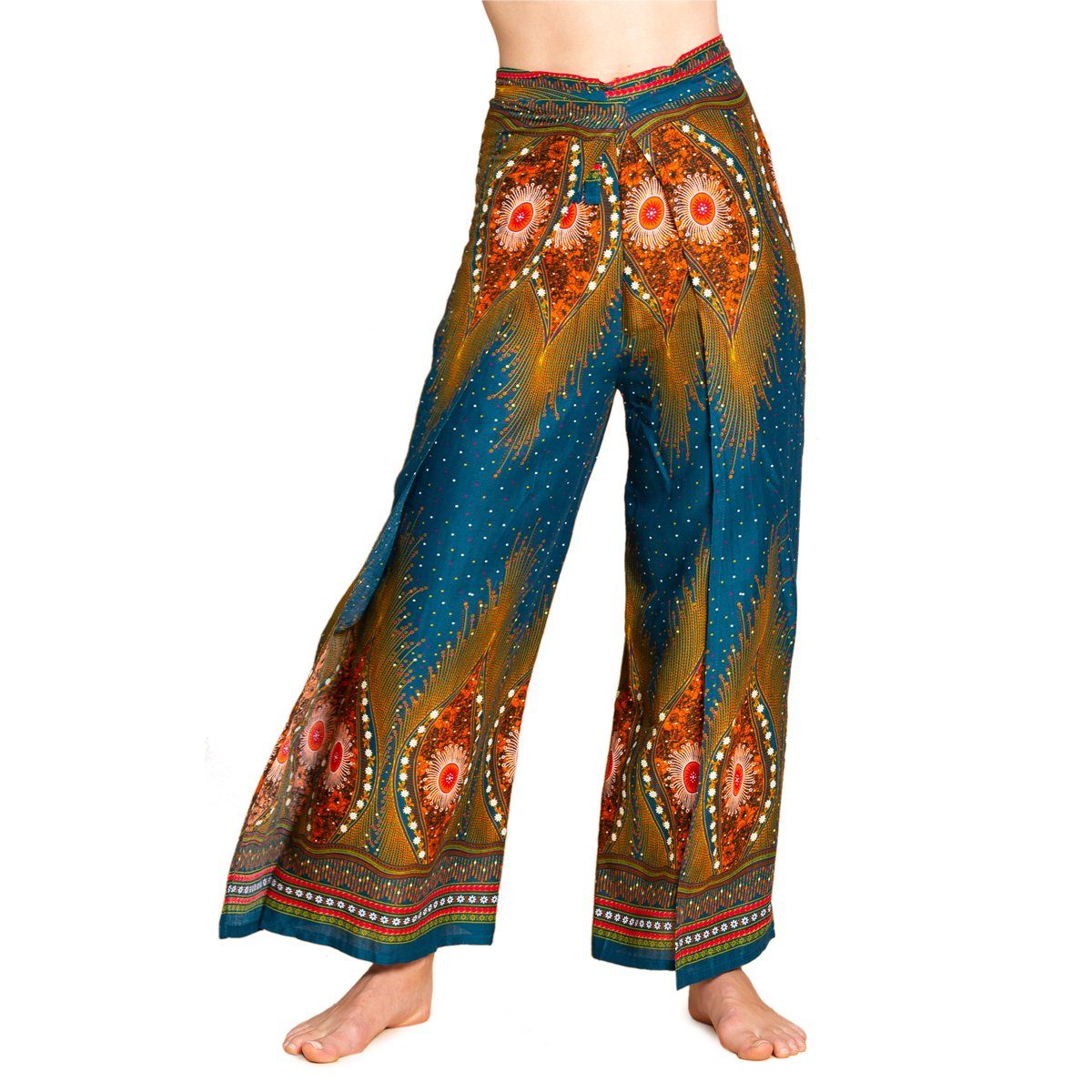 PANASIAM Stoffhose Sunshine Pants Wickelhose aus natürlicher Viskose Palazzohose im Peacock Design langer Boho Hosenrock Haremshose Pareo Hose V12 petrol