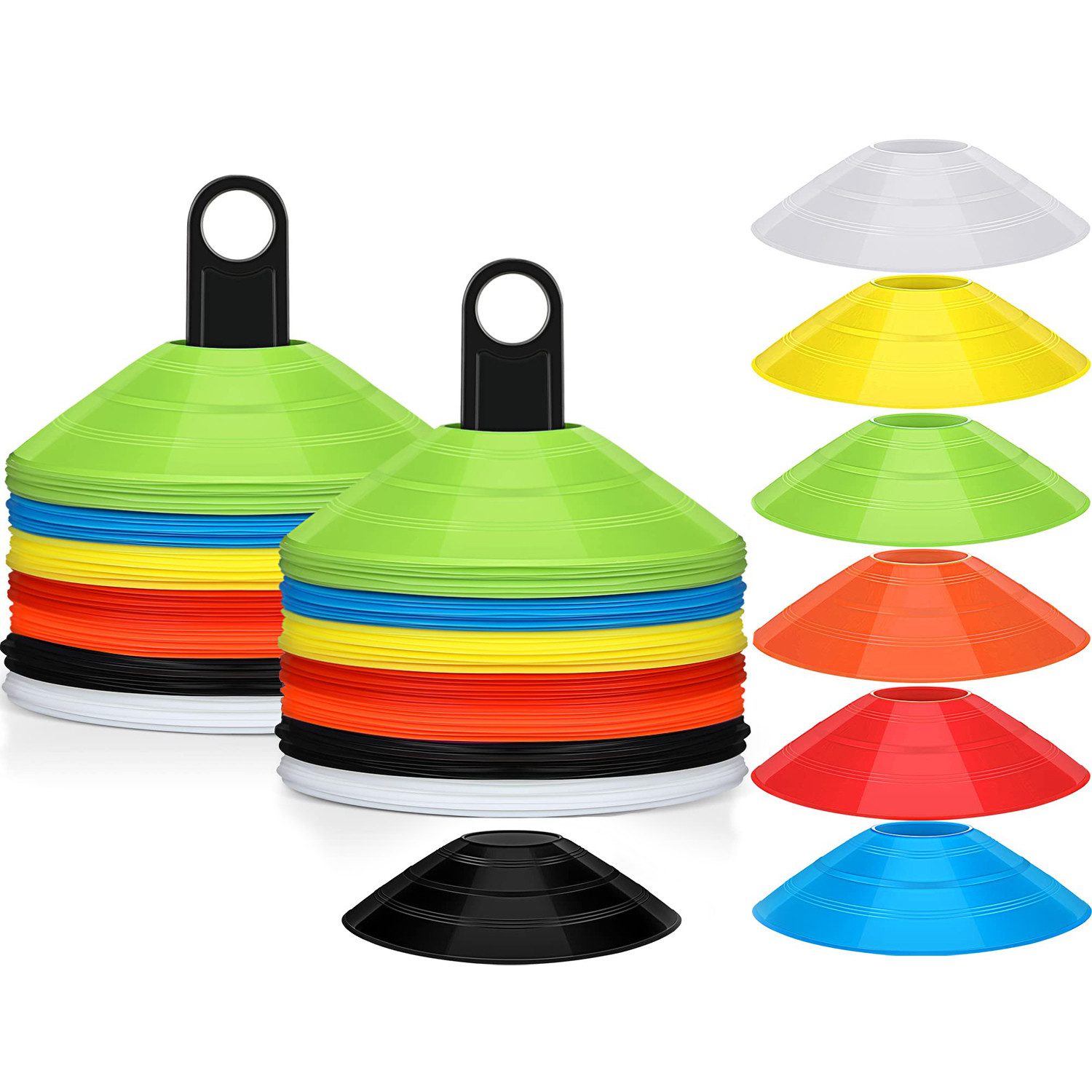 MOPUEA Markierungshütchen Markierungshütchen 70 PCS Fussball Hütchen Set (Trainingshütchen Set für Fußball Agility Training und Sportübungen, 70 Trainingshütchen in 7 Farben je 10 Stück aus flexiblem PE), Leuchtende Farben, flexibel, leicht, langlebig, gut sichtbar