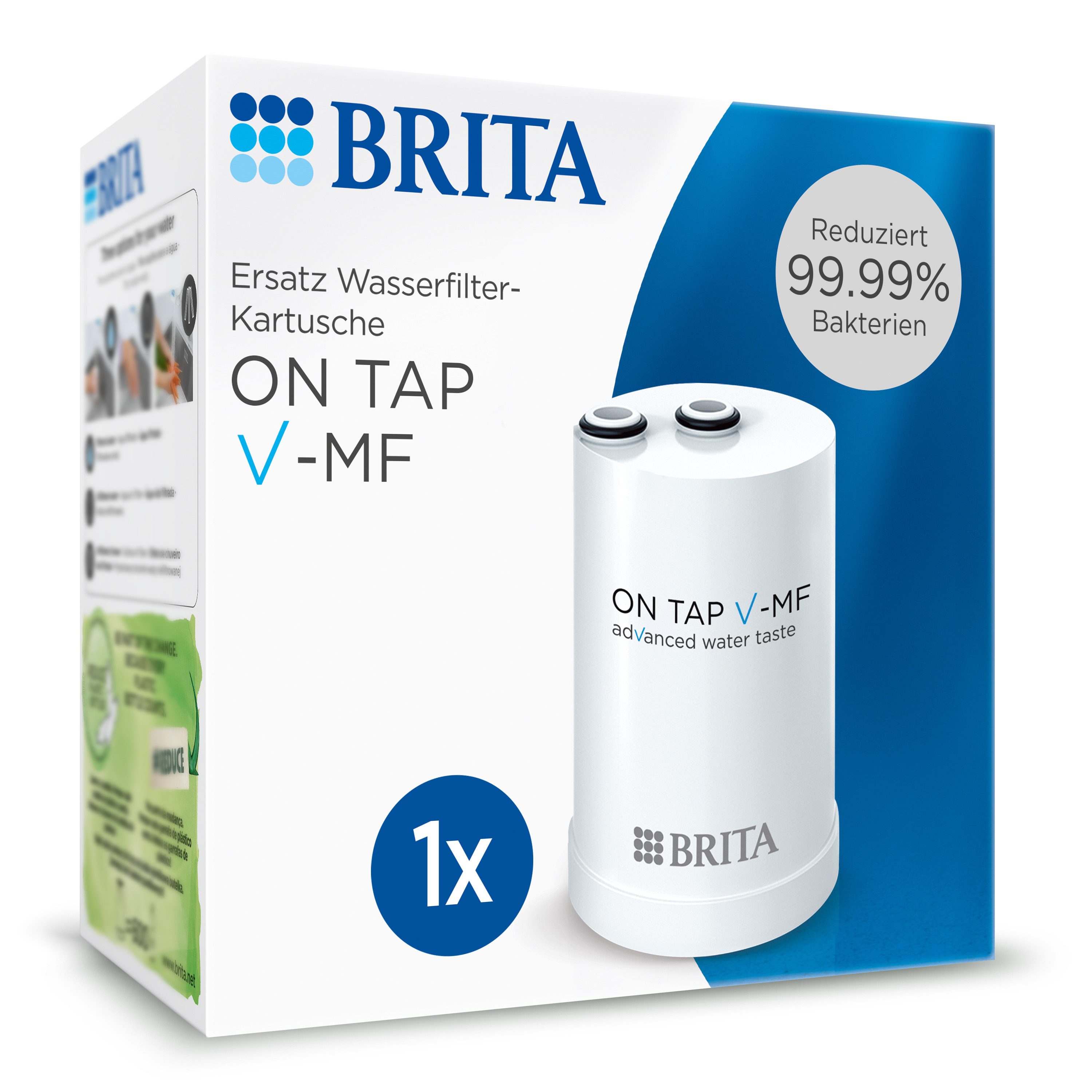 BRITA Wasserfilter ON TAP V-MF für ON TAP Pro V-MF Filterkartusche für den Wasserhahn, Ersatzkartusche reduziert 99,99% Bakterien, Chlor, Mikroplastik uvm