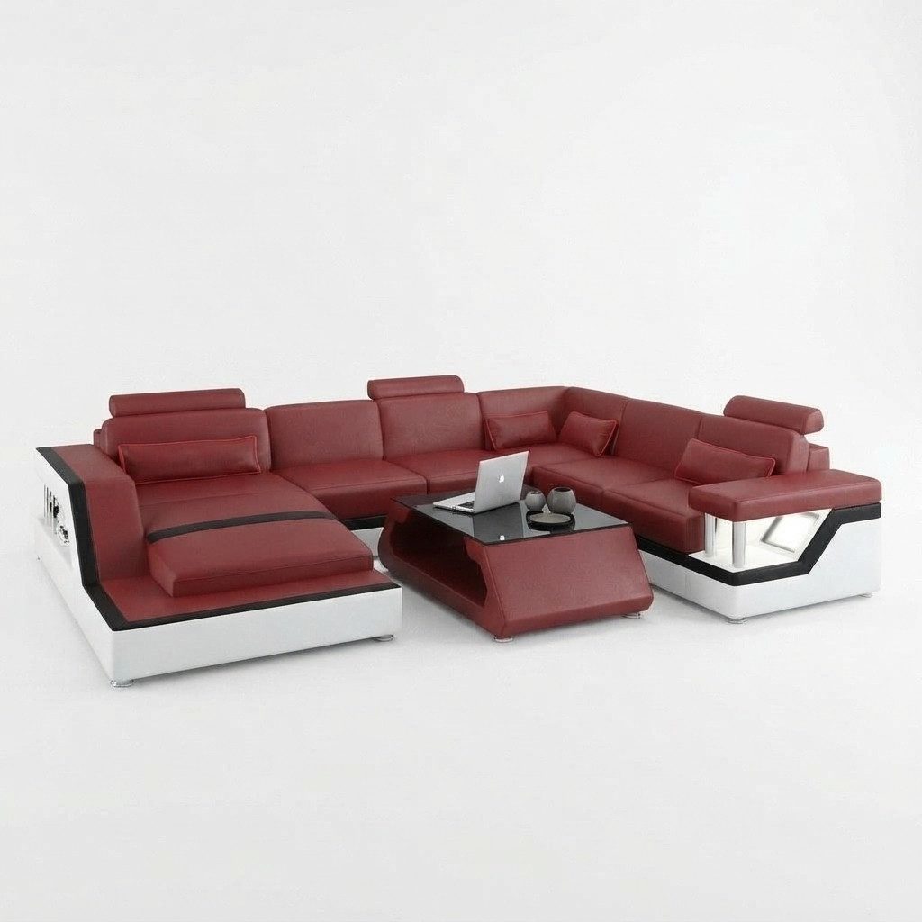 Xlmoebel Wohnlandschaft U-förmiges Ledersofa mit Regal und Stauraum, U-förmiges Ecksofa, Hergestellt in Europa