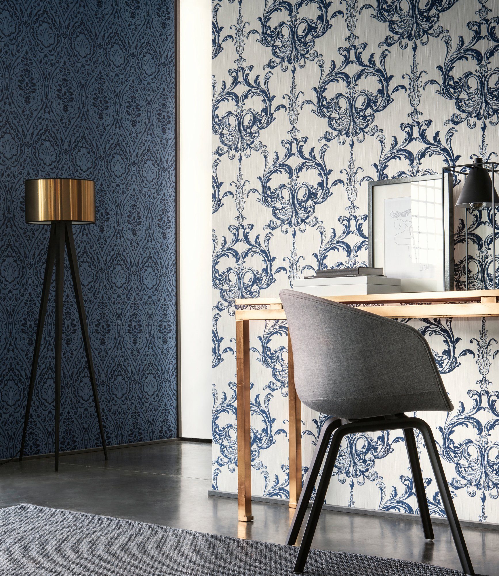 Barock, Tessuto, Paper samtig, Textiltapete Tapete blau Architects Streifen