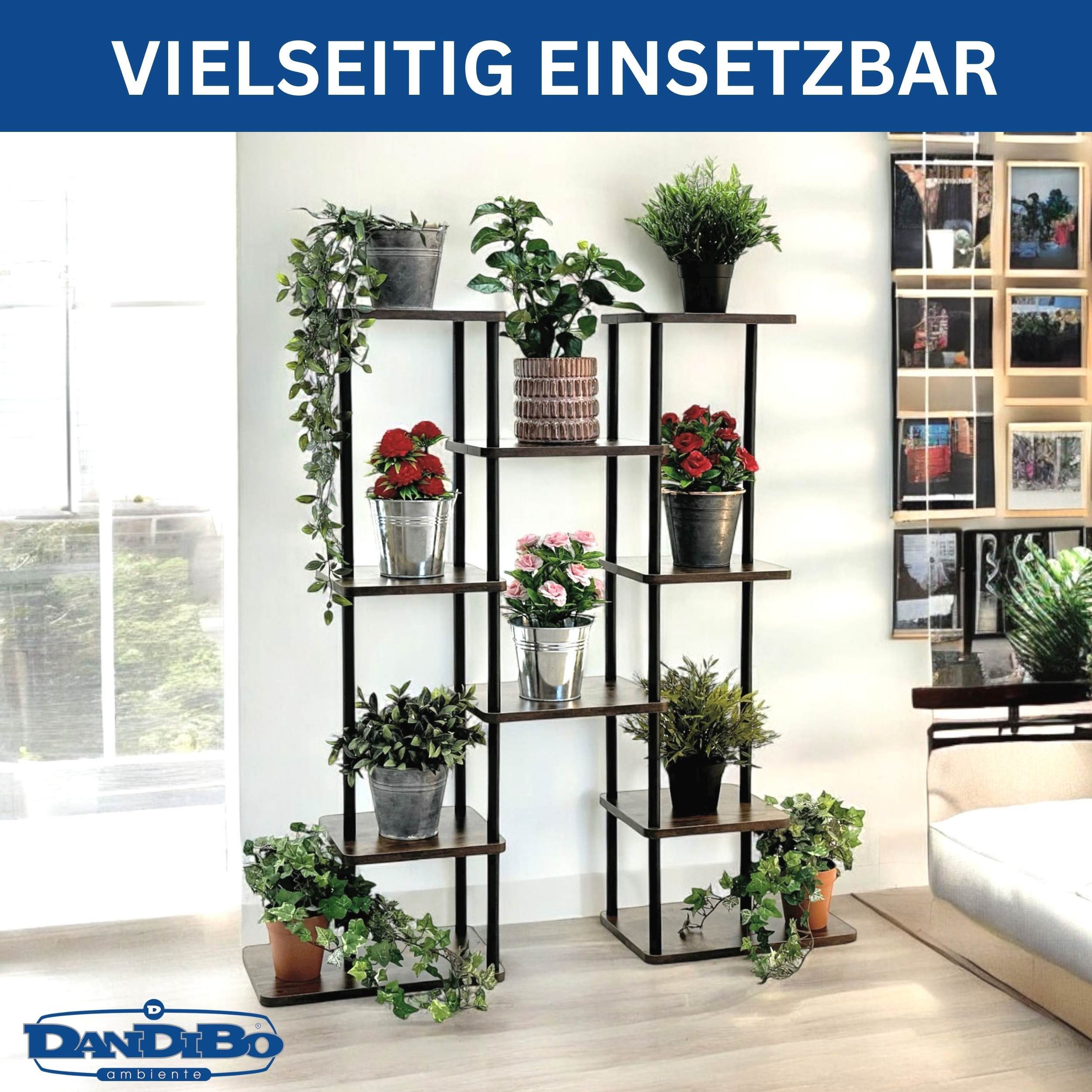 DanDiBo Blumenständer Wohnzimmer Metall Schwarz 6 Etagen Holz 96584 Blumenregal 100 cm, Blumentreppe Pflanzenständer Design Pflanzentreppe