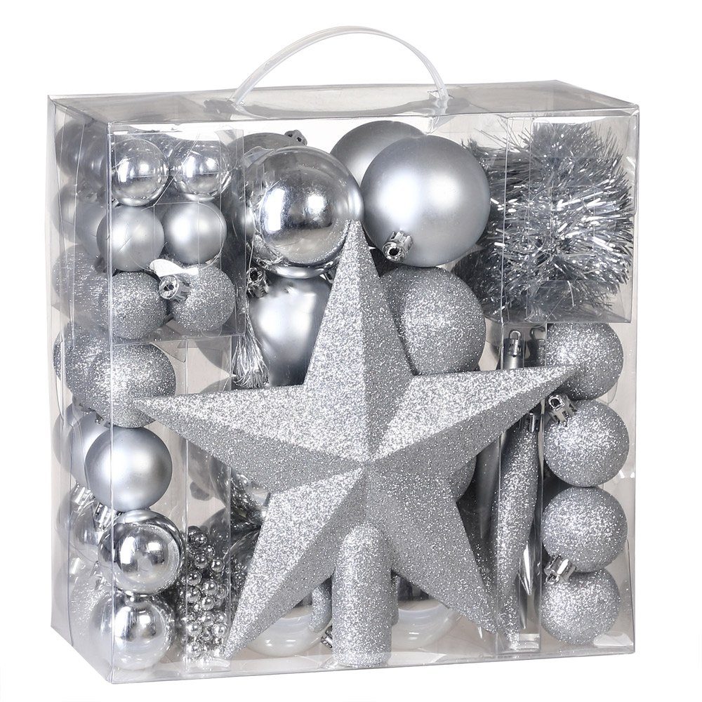 Deuba Weihnachtsbaumkugel (77 St), Weihnachtskugeln 77er Set Weihnachtsdeko matt glänzend glitzer Silber