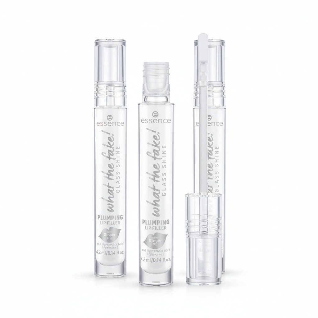Essence Lip-Booster what the fake! GLASS SHINE PLUMPING LIP FILLER, 3-tlg., Sorgt für volle Lippen, prickelnde Textur, pflegende Inhaltsstoffe.