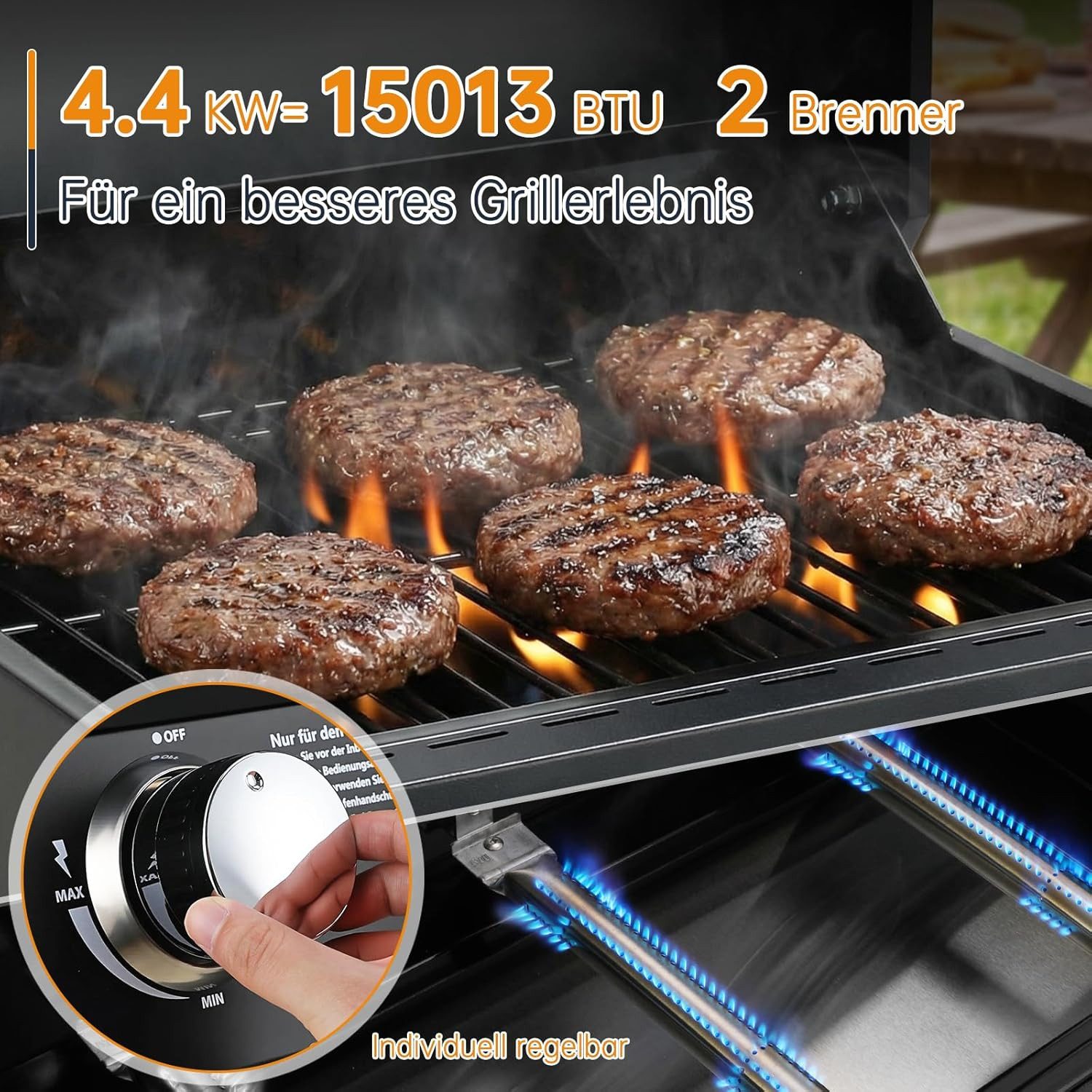 TLGREEN Camping-Gasgrill 2 Brenner Gasgrill Tragbar, Kompakter Tischgasgrill mit Emailliertem Grillrost & Thermometer, 4.4kW Camping Gasgrill für BBQ/Balkon/Garten, 42x33cm Grillfläche, Schwarz/Edelstahl, 9,6kg Leichtgewicht