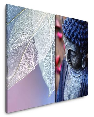 Sinus Art Leinwandbild 2 Bilder je 60x90cm Buddha weiße Blätter Asien Behutsam Meditation Beruhigend Achtsamkeit