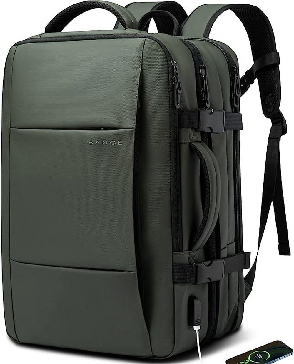 BANGE Reiserucksack TRAVEL Rucksack für Damen und Herren. Laptoprucksack 17,3 Zoll, Mit 15,6-17 Zoll Laptopfach und Tablet/iPad Fach Grün