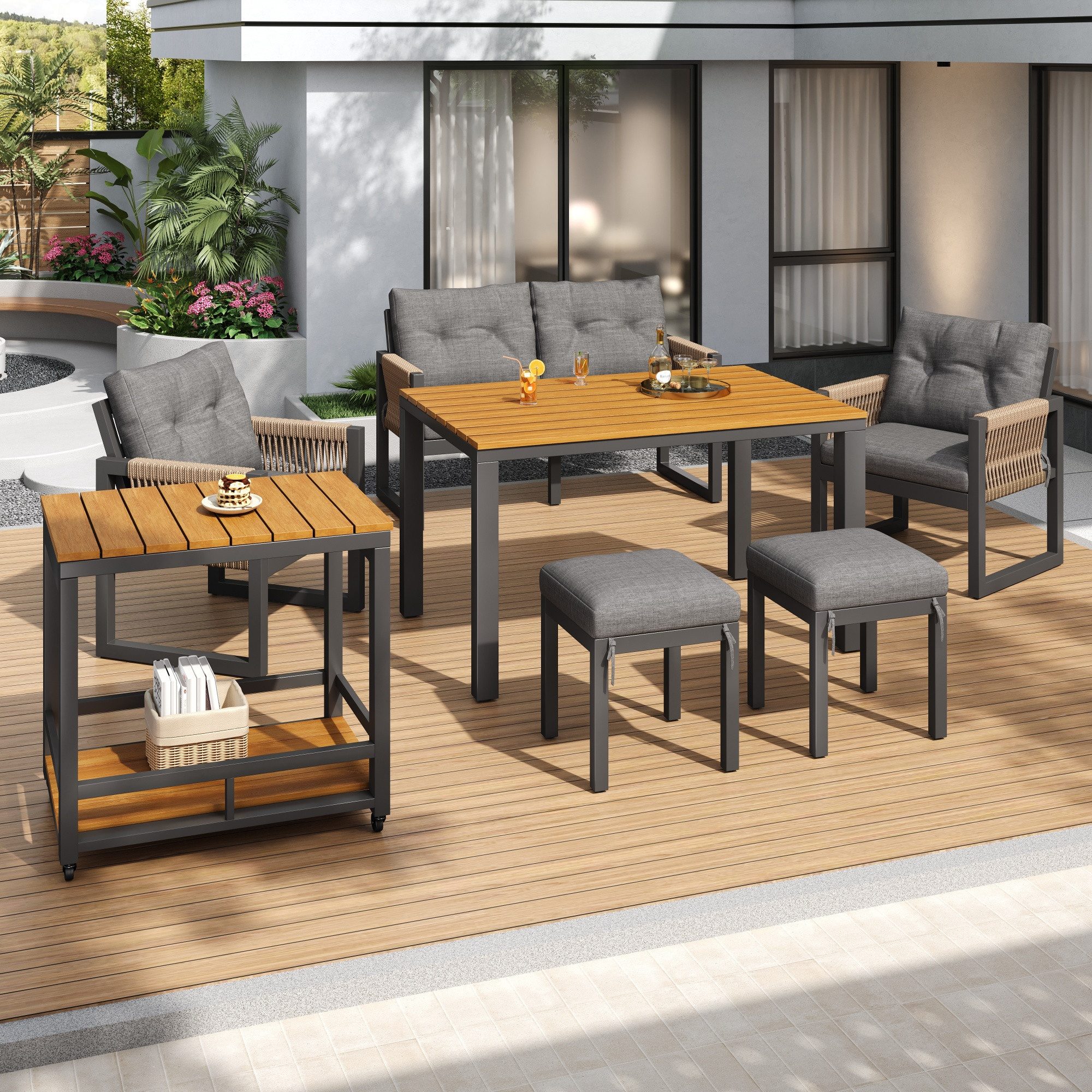 Merax Gartenlounge-Set Gartenmöbel Lounge-Set mit Eisengestell und geflochtenen Armlehnen, (6-Sitzer-Sitzgruppe, 7-tlg), Terrassenmöbel mit Tisch, 2 Sesseln, Zweisitzer, 2 Hockern & Handwagen