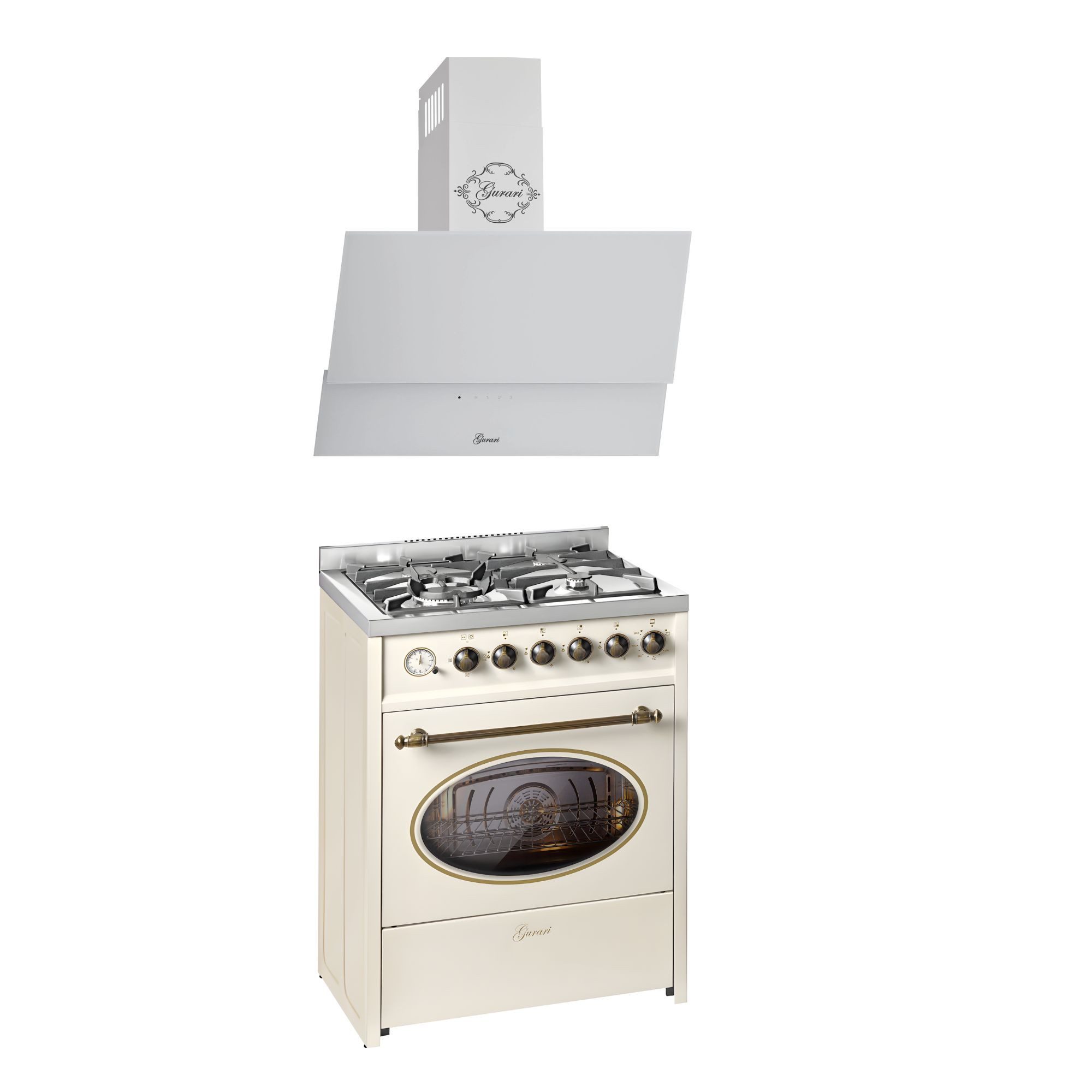 GURARI Gas-Standherd Retro Gas Elektro Standherd 60 cm Erdgas Fl.Gas 4 Kw WOK, 8 Funktionen+Dunstabzugshaube 60cm E 614 Cr r+GCH D 268 WH 6 PRIME N, mit 1-fach-Teleskopauszug