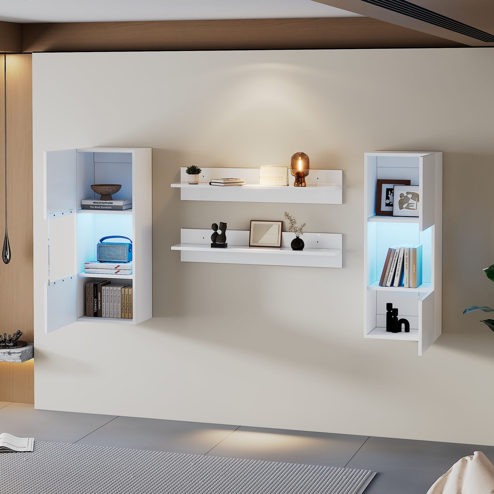 HAUSS SPOLE Wandregal 4er Set, LED-Wandschrank und 2 Полки Hochglanzoberfläche Weiß, TV-Schrank-Set 4-tlg., Smarte APP-gesteuerte Beleuchtung, Hochglanzoberfläche