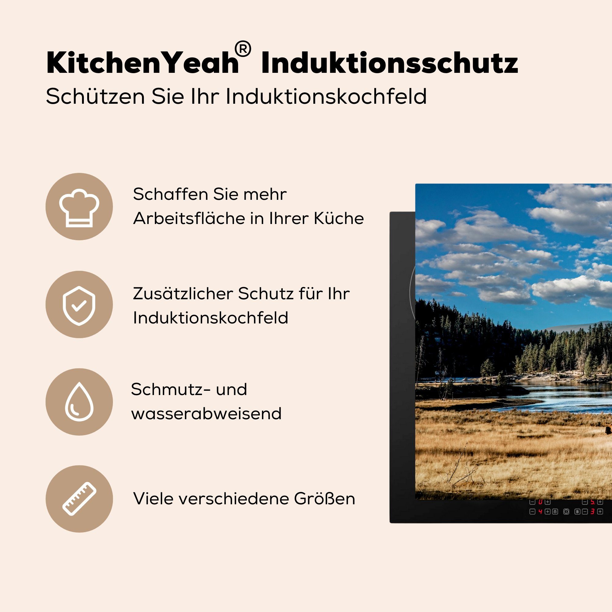 Landschaft cm, Induktionskochfeld Baum tlg), Vinyl, MuchoWow - - für Herdblende-/Abdeckplatte die küche, 81x52 Schutz (1 Ceranfeldabdeckung Bison,
