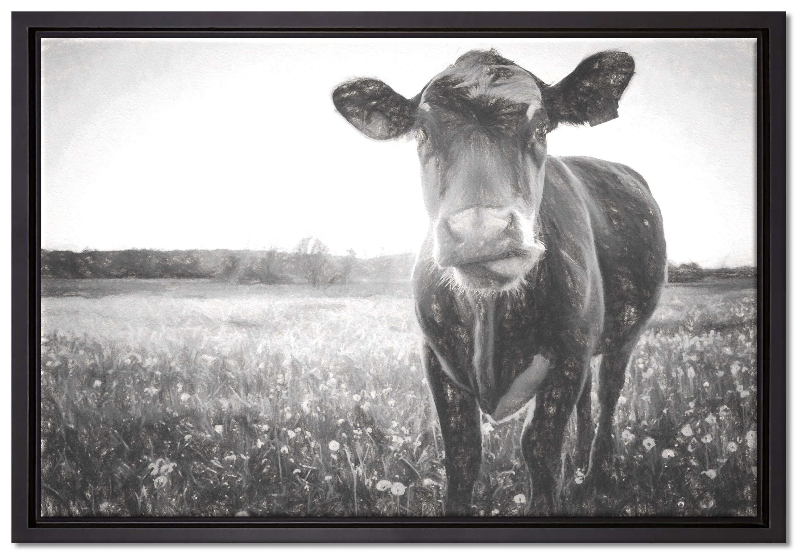 Pixxprint Leinwandbild Kuh auf Butterblumenwiese, Wanddekoration (1 St), Leinwandbild fertig bespannt, in einem Schattenfugen-Bilderrahmen gefasst, inkl. Zackenaufhänger
