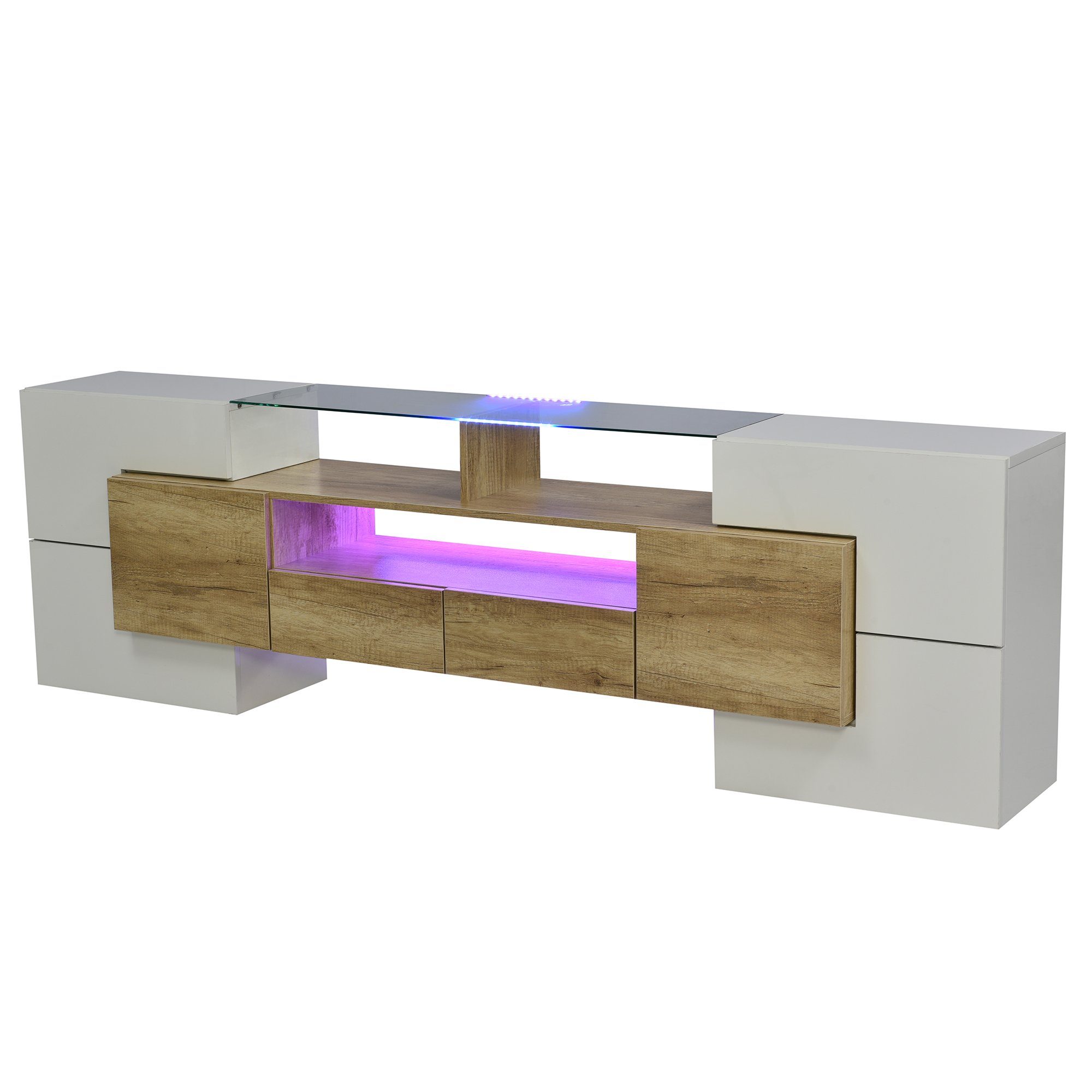 Lowboard 200 LED-Beleuchtung, TV cm) Design (1-St., TV-Schrank Wohnzimmermöbel. OKWISH modernes Weiß, Schrank Weiß+Natur