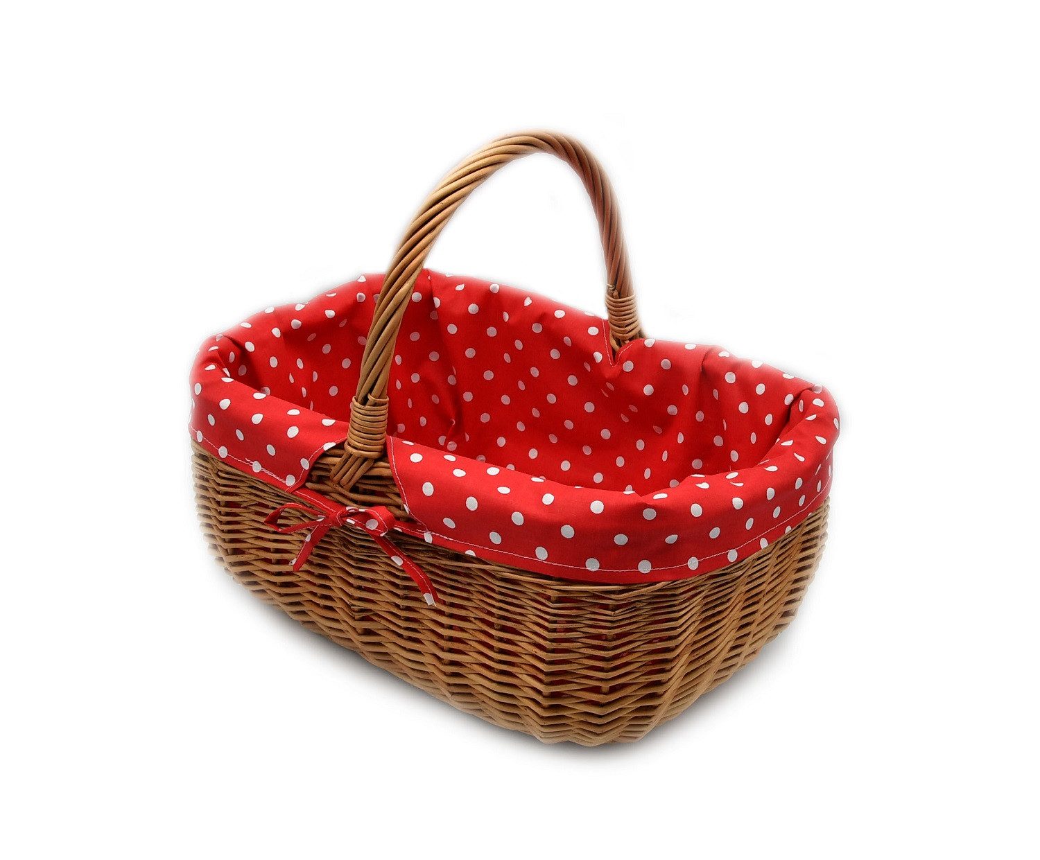 MyBer® Einkaufskorb Weidenkorb Korb aus Weide braun Tragekorb Stoffeinlage, rot weiße Punkte 35/25/15cm K1-014-SRWP
