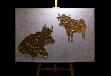 YS-Art Gemälde Golden Kühe, Tiere, Leinwand Bild Handgemalt Kuh Gold mit Rahmen