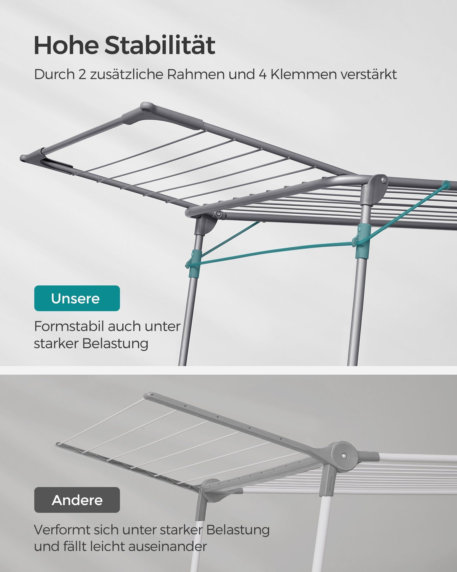 SONGMICS Wäscheständer Standtrockner, mit Sockenhalter, Metall, für Kleidung, Handtücher, 52,5 x 173 x 96,5 cm, Flügelwäschetrockner platzsparend, grau – Bild 4 von 5