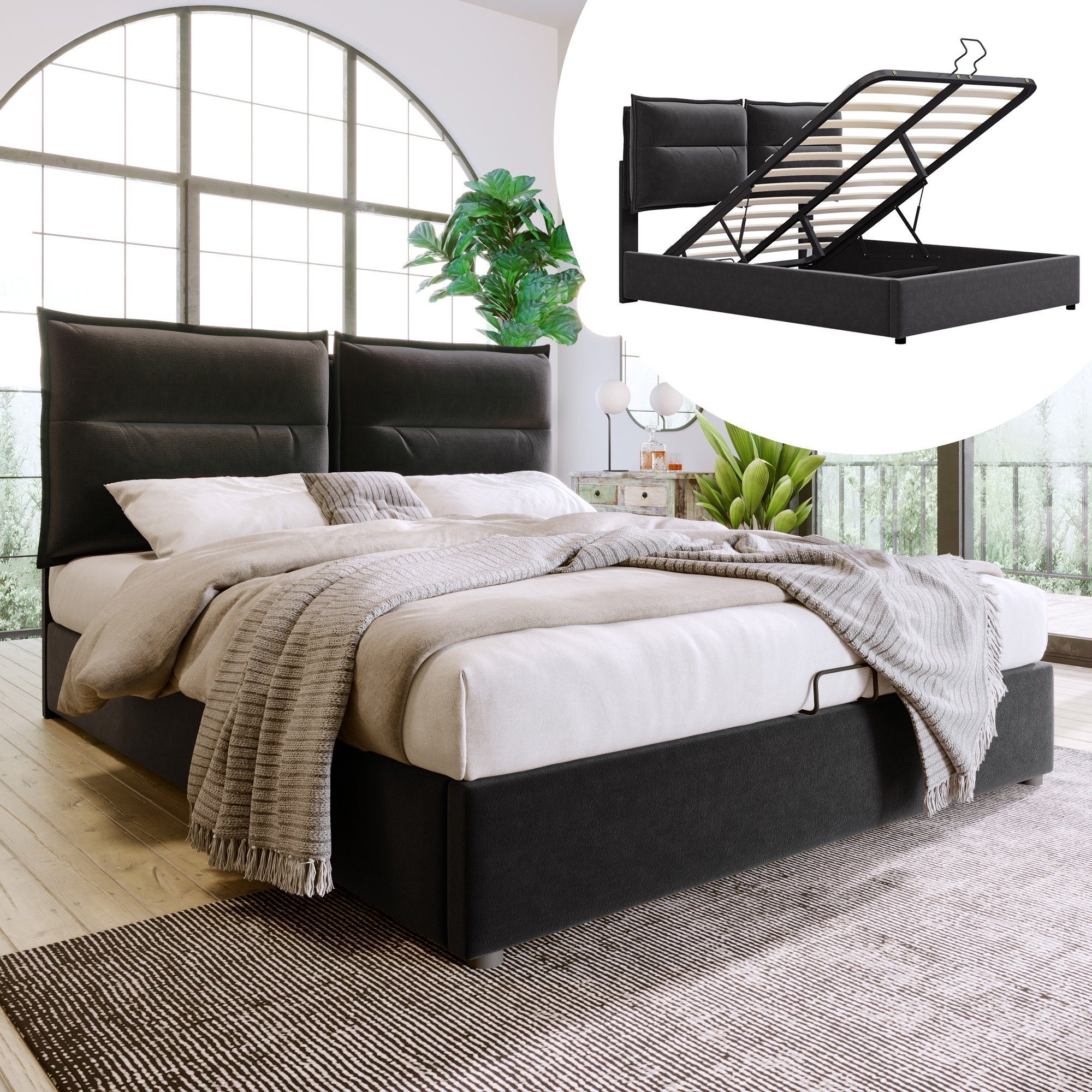 Polsterbett (Hydraulisches Funktionsbett 140x200cm), Doppelbett mit Verstellbares Kopfteil und Stauraum, Bezug aus Samt