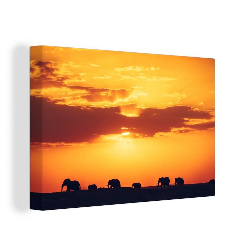 OneMillionCanvasses® Leinwandbild Elefanten - Tiere - Sonnenuntergang, (1  St), Wandbild Leinwandbilder, Aufhängefertig, Wanddeko, 30x20 cm