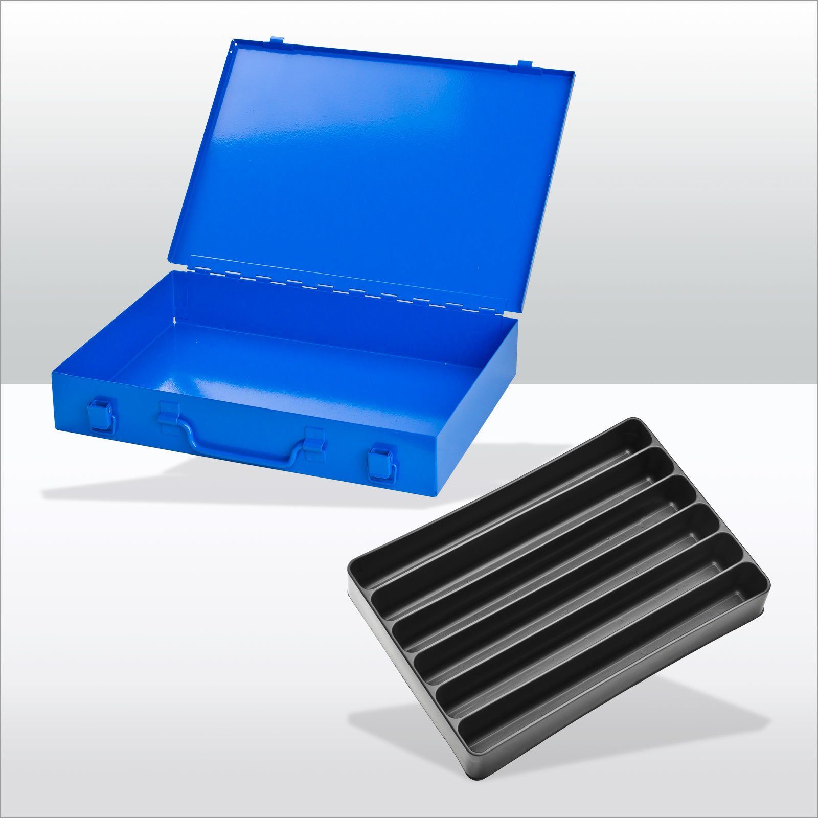 PROREGAL® Werkzeugkoffer Stahlblechkästen mit Spannverschluss 6 Fächer gleichlang, Blau Himmelblau
