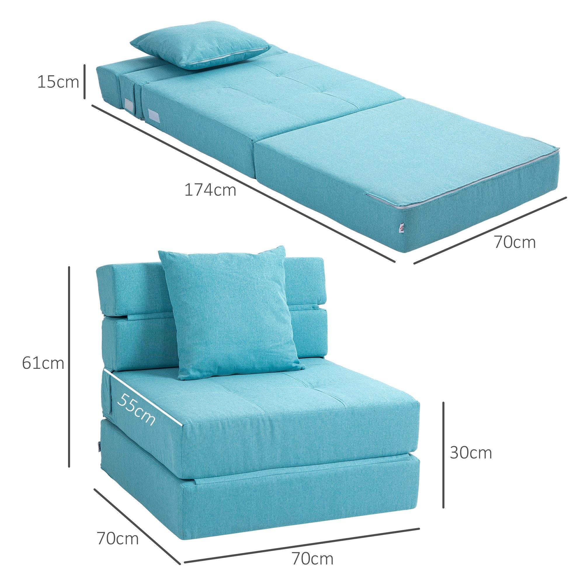 HOMCOM Schlafsofa 2-in-1 Klappsessel mit Bettfunktion, Relaxsessel mit Kissen, Schlafsessel klappbar 1 Teile, für Wohnzimmer, Schlafzimmer, bis 120 kg Belastbar, Blau