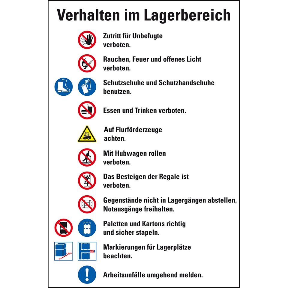 Hinweisschild Verhalten im Lagerbereich, Piktos ISO 7010, Folie, 200x300mm