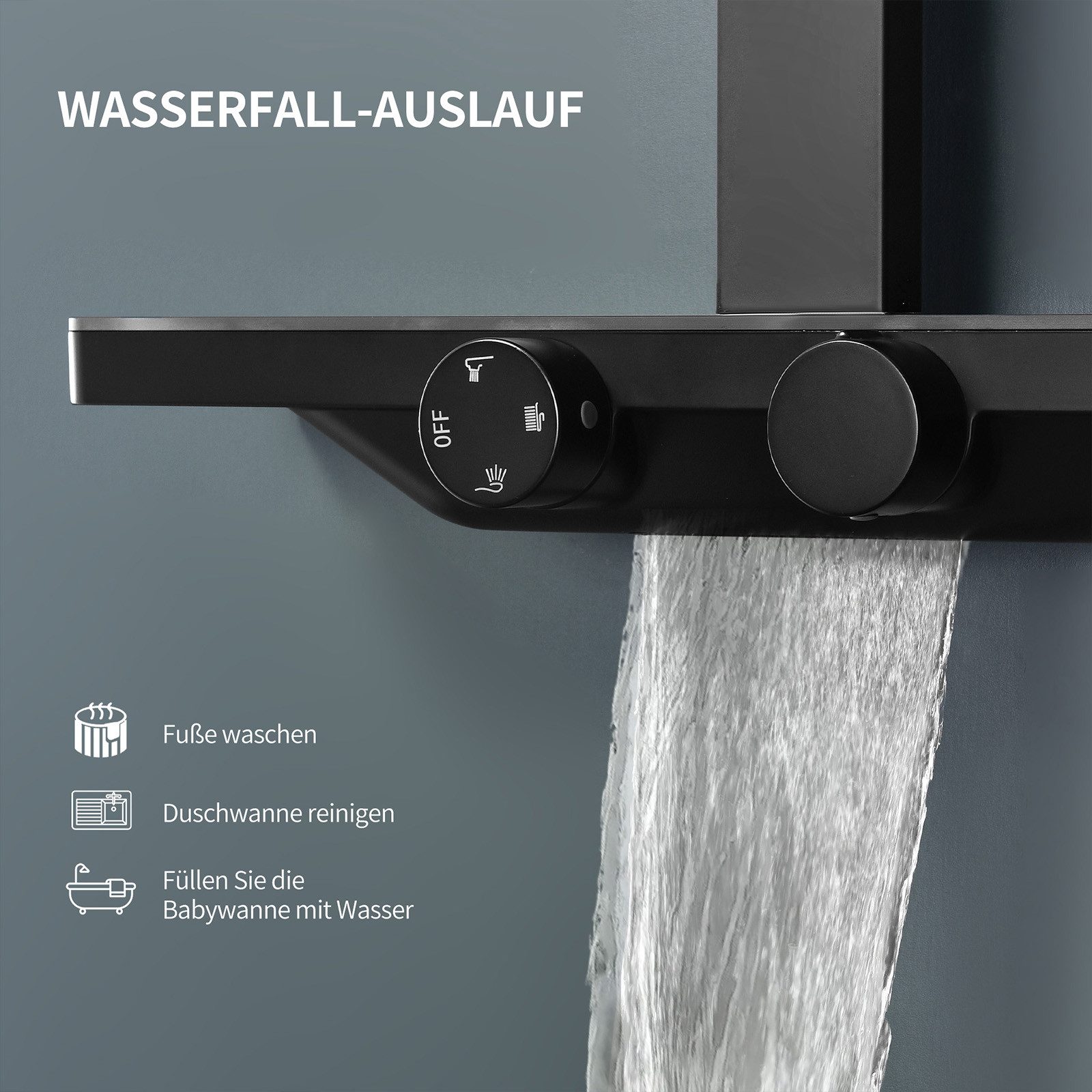 HOMELODY Duschsystem mit Thermostat und Glasablage in Schwarz Matt,Brausegarnitur, 3 Strahlart(en), Set, 12 Zoll Regendusche, 3-Funktions-Handbrause, PPA-Kupfer – Bild 5 von 5