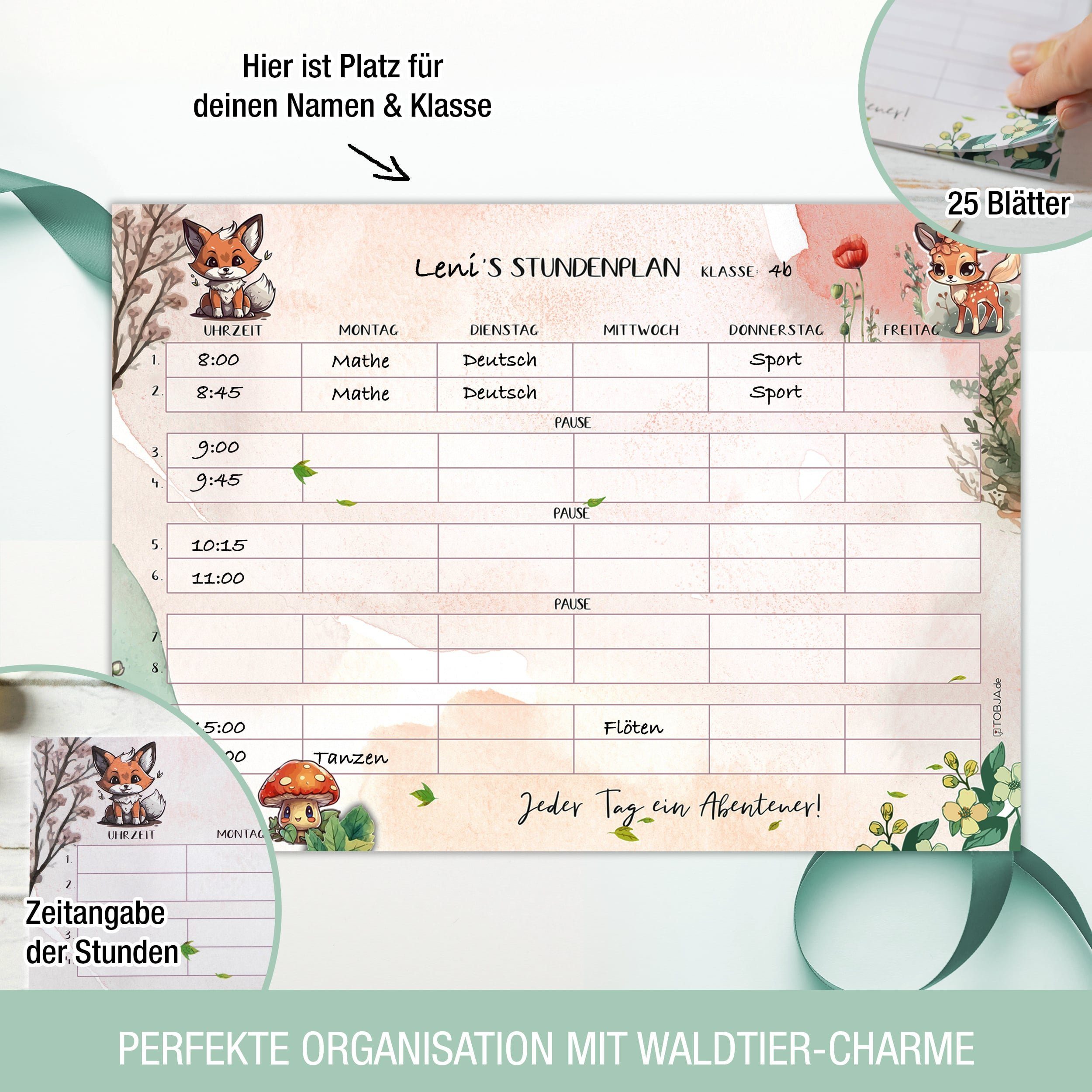 TOBJA Notizblock A4 Stundenplan Block Waldtiere, Grundschule Einschulung 1.Klasse