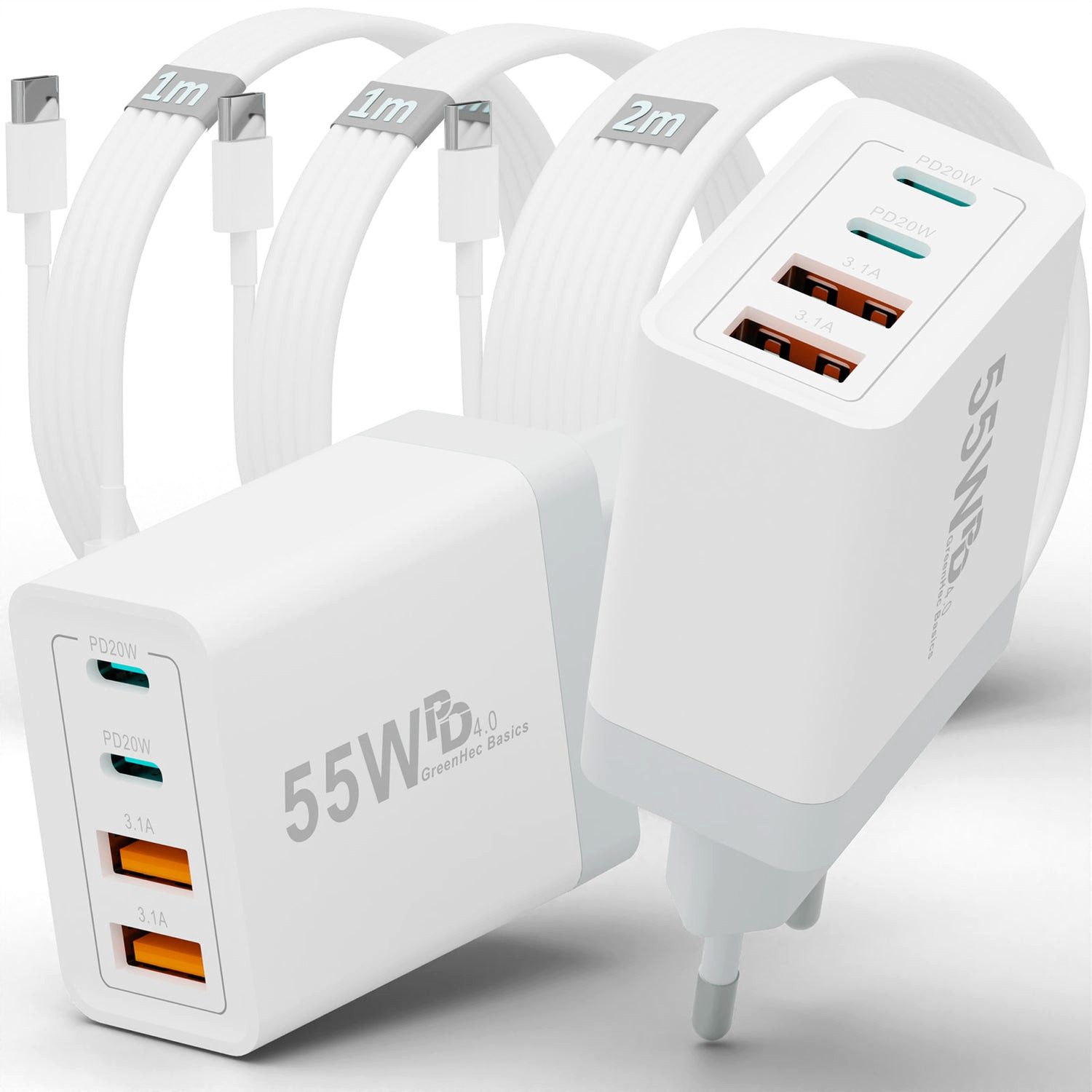 GreenHec Schnellladegerät + USB-C Ladekabel 2er Pack 2x Chargers Stecker Bundle Schnelllade-Gerät (0,00 mA, Spar-Set, 55w ChargeKit Pro, iPhone 17 16 15 14 13 12 Pro Max Air mehrfach Netzteile Samsung Google)