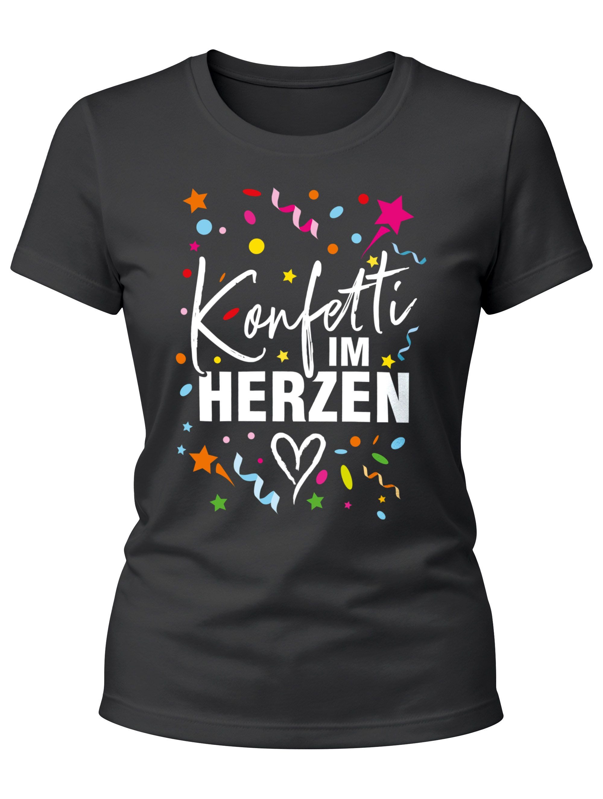 Print-Shirt Damen T-Shirt Fasching Karneval Konfetti im Herzen Kostüm-Ersatz