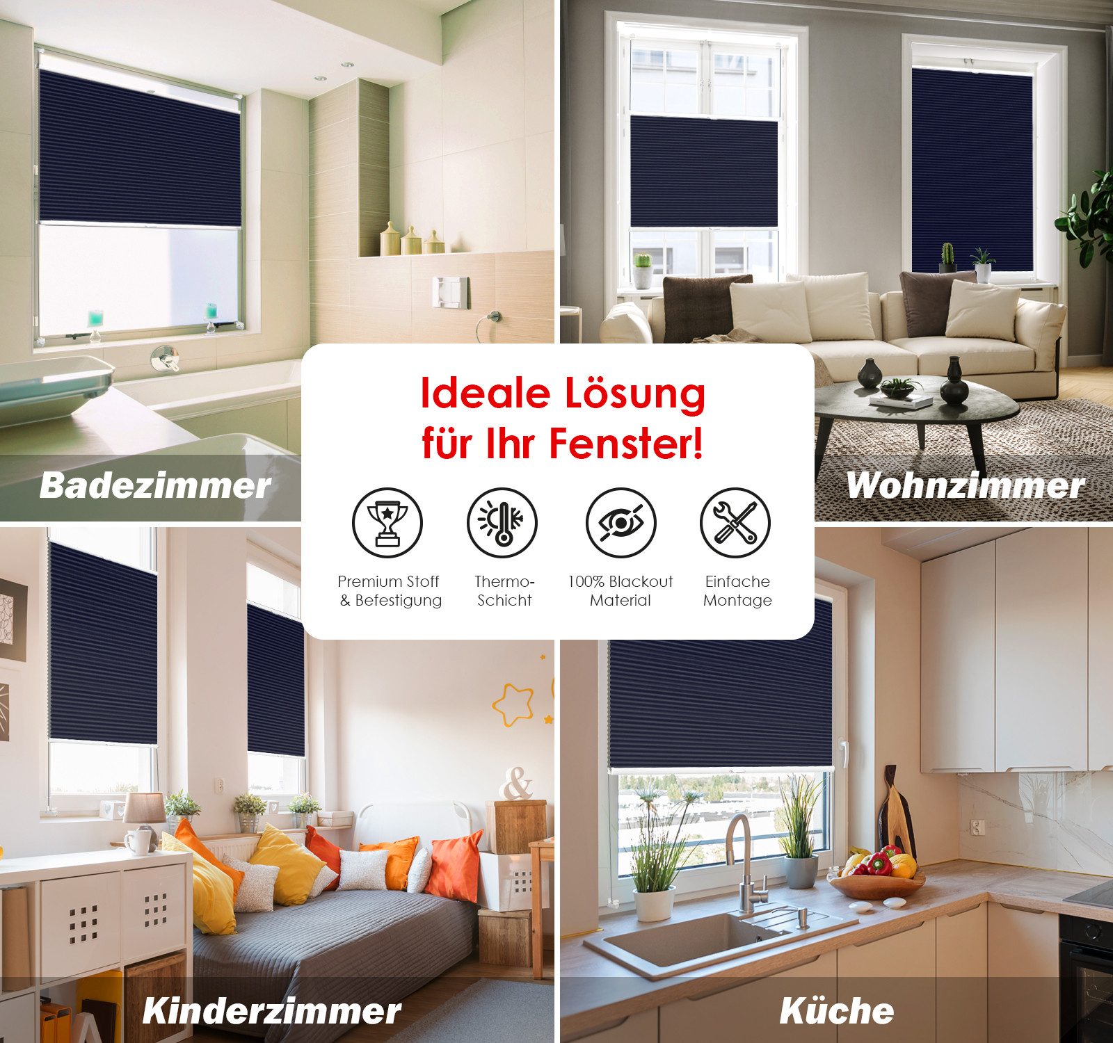 DomDeco Wabenplissee Thermo Plissee ohne Bohren - Hitzeschutz, Verdunkelung, verspannt, abdunkelnd, Klemmfix, stufenlos, kälteschutz, modernes Fensterplissee