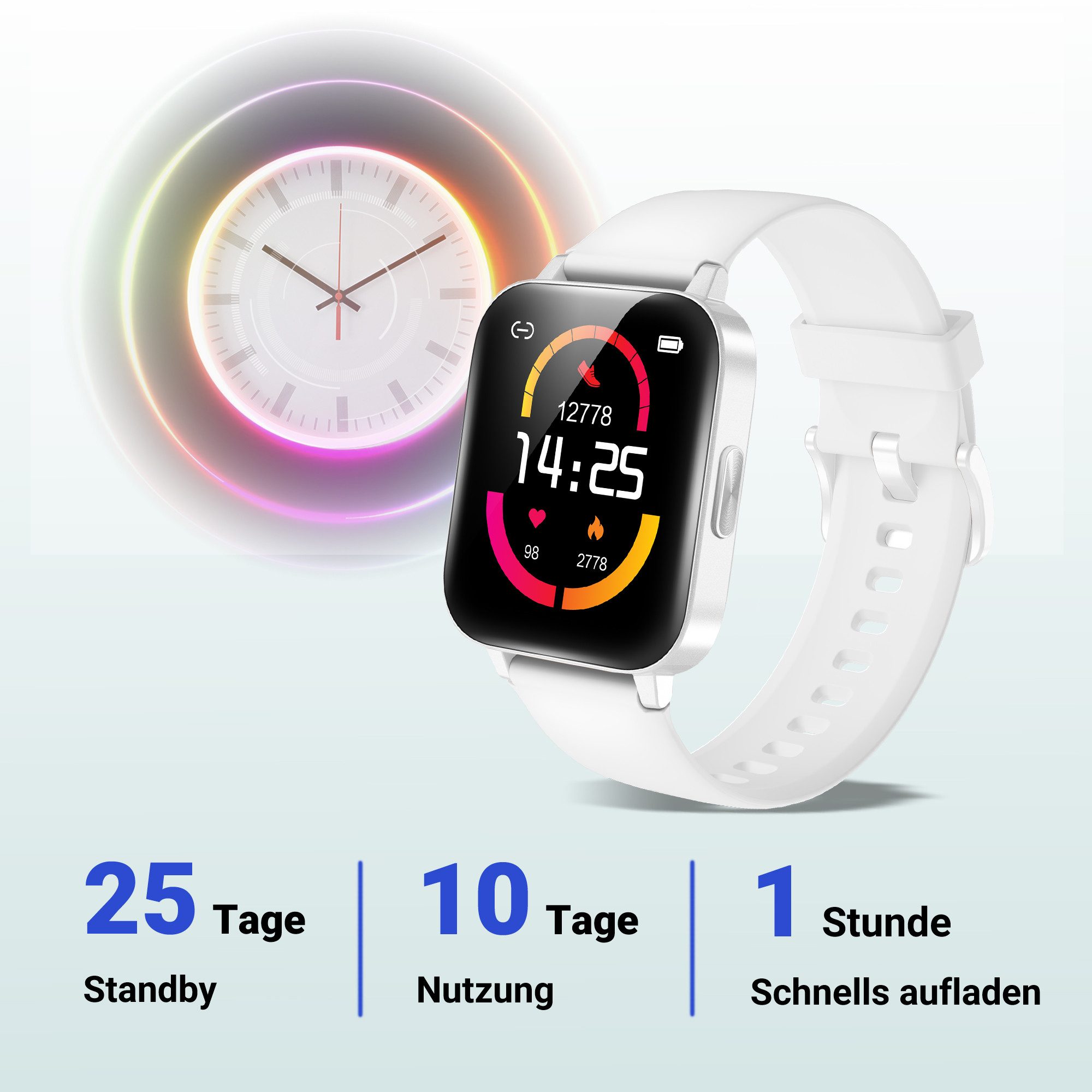 XINJI C1 Smartuhr Bluetooth Touchpanel Puls-/O²-Messung App, White Fitnessuhr (4,29 cm) Packung, Smartwatch mit Gesundheits‑ und Fitnessfunktionen, Herzfrequenz‑ & Blutsauerstoffmessung, Schlafmonitoring, App‑Anbindung