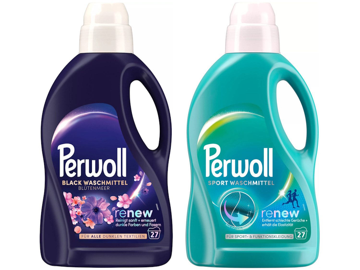 Perwoll Black Blütenmeer & Sport 2 x 27 WL (54WL) Vollwaschmittel (Doppelpack, [2-St. für dunkle & Sport- und Funktionskleidung - mit Dreifach-Renew-Technologie)