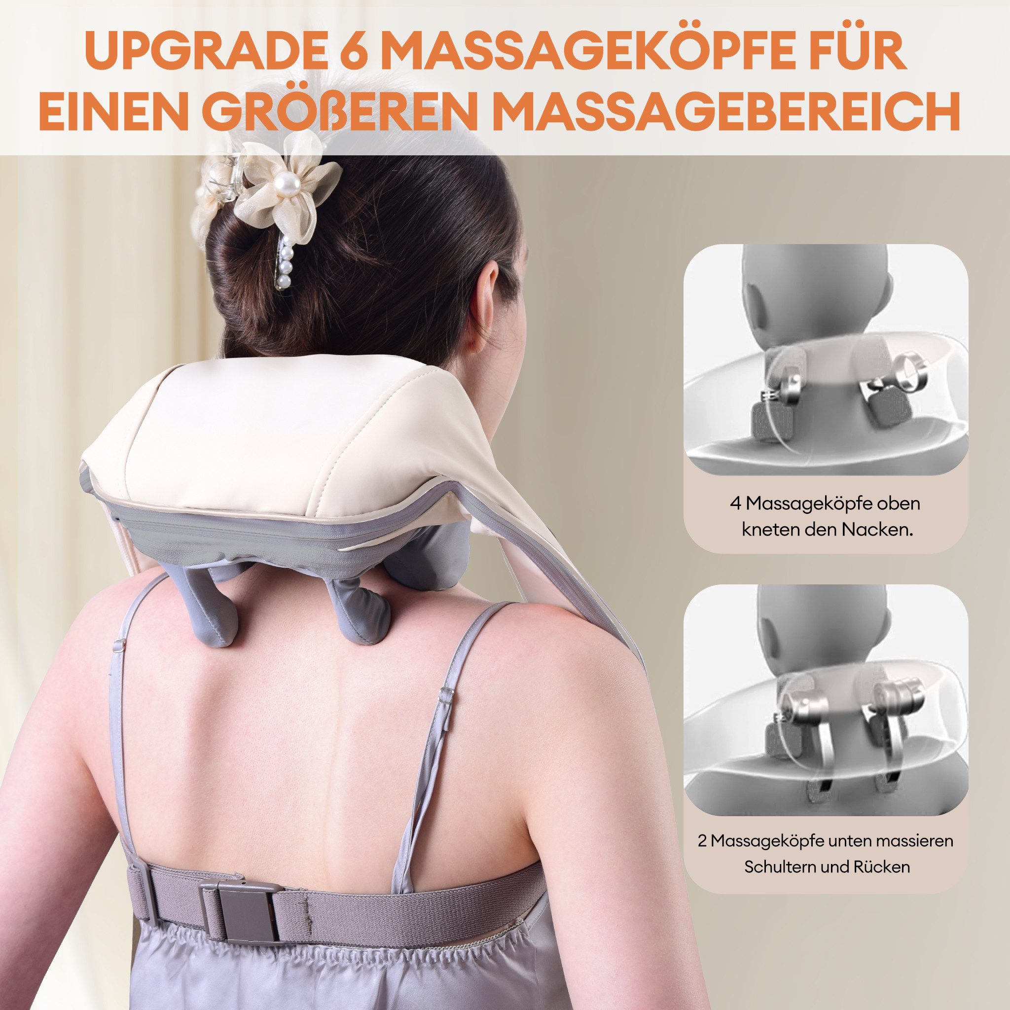 CkeyiN Nacken-Massagegerät mit Wärmefunktion, 4 Massageköpfe Nacken- und Schulter-Massagegerät, 2 Intensitätsstufen Kabelloses Shiatsu 6D Massagegerät für Nacken