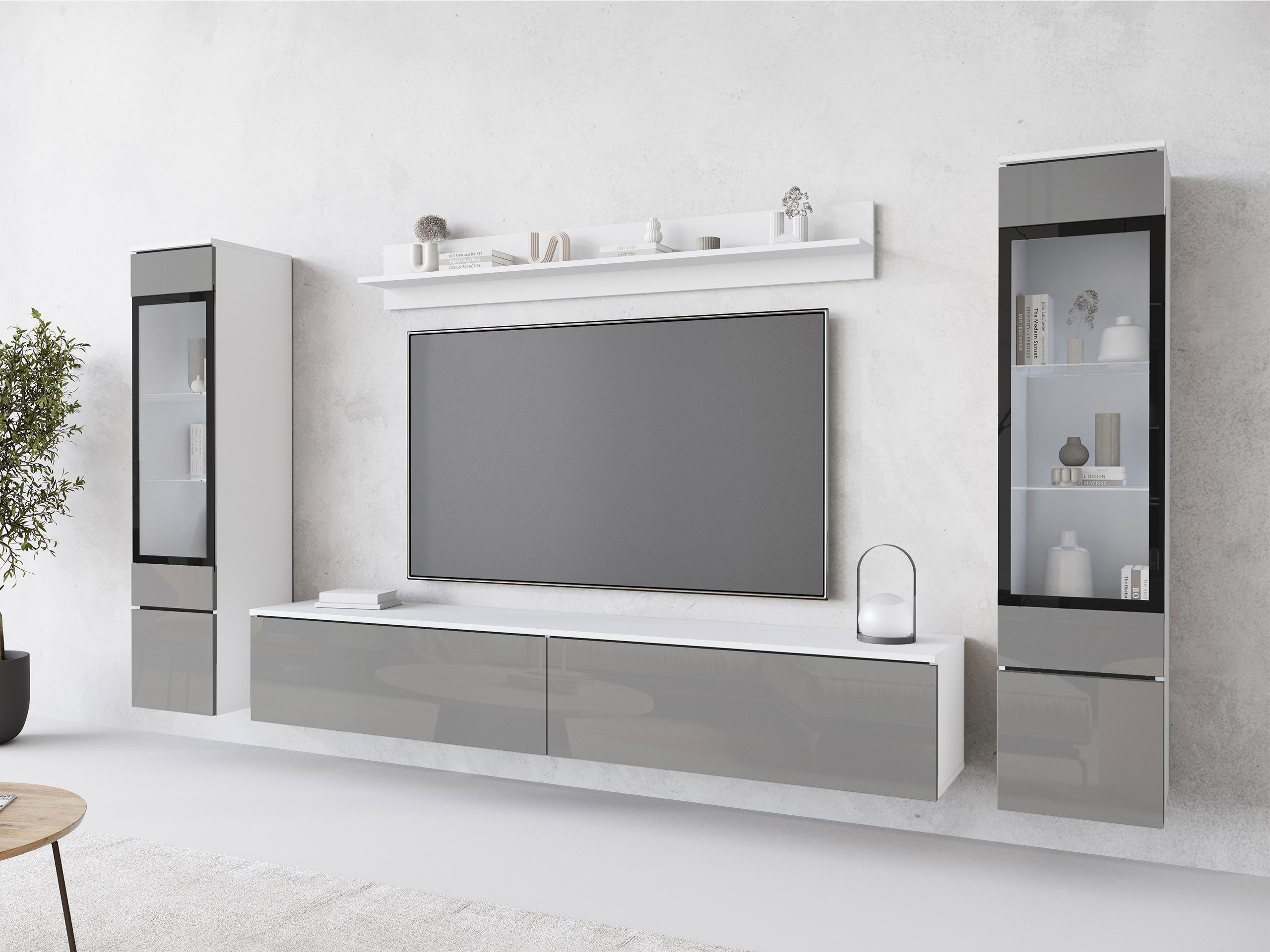 MIRJAN24 Wohnwand Vera II, (4er-Set, Wandregal, TV-Lowboard, 2x Hängevitrine), Glaseinlegeböden, Gehärtetes Glas, LED als Option