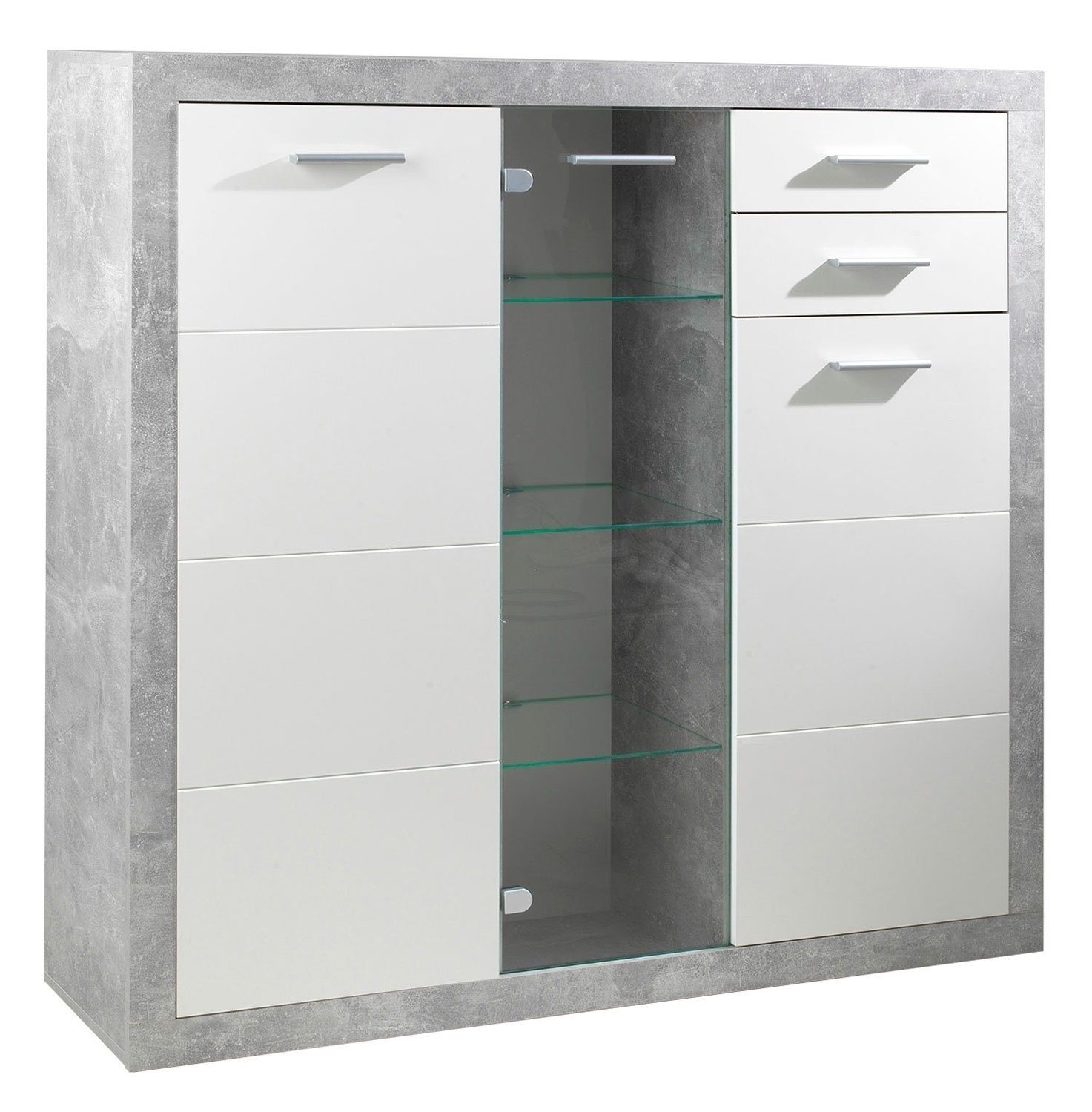 Highboard STONE, Betondekor, Weiß Hochglanz, 3 Türen, 2 Schubladen