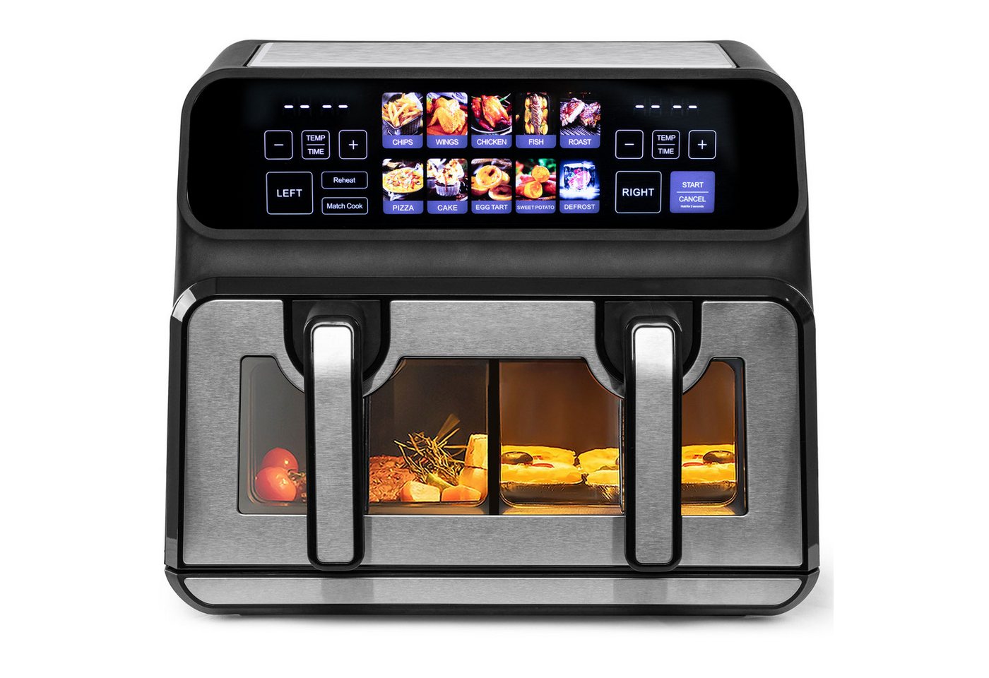 Sinaopus Heißluftfritteuse 9L, 2200W Doppelkammer-Airfryer mit Farb-LED, Sichtfenster & 10 Programmen, 2200 W, 9L Airfryer mit 2×4,5L Körben, 50–200 °C, Timer & Innenlicht