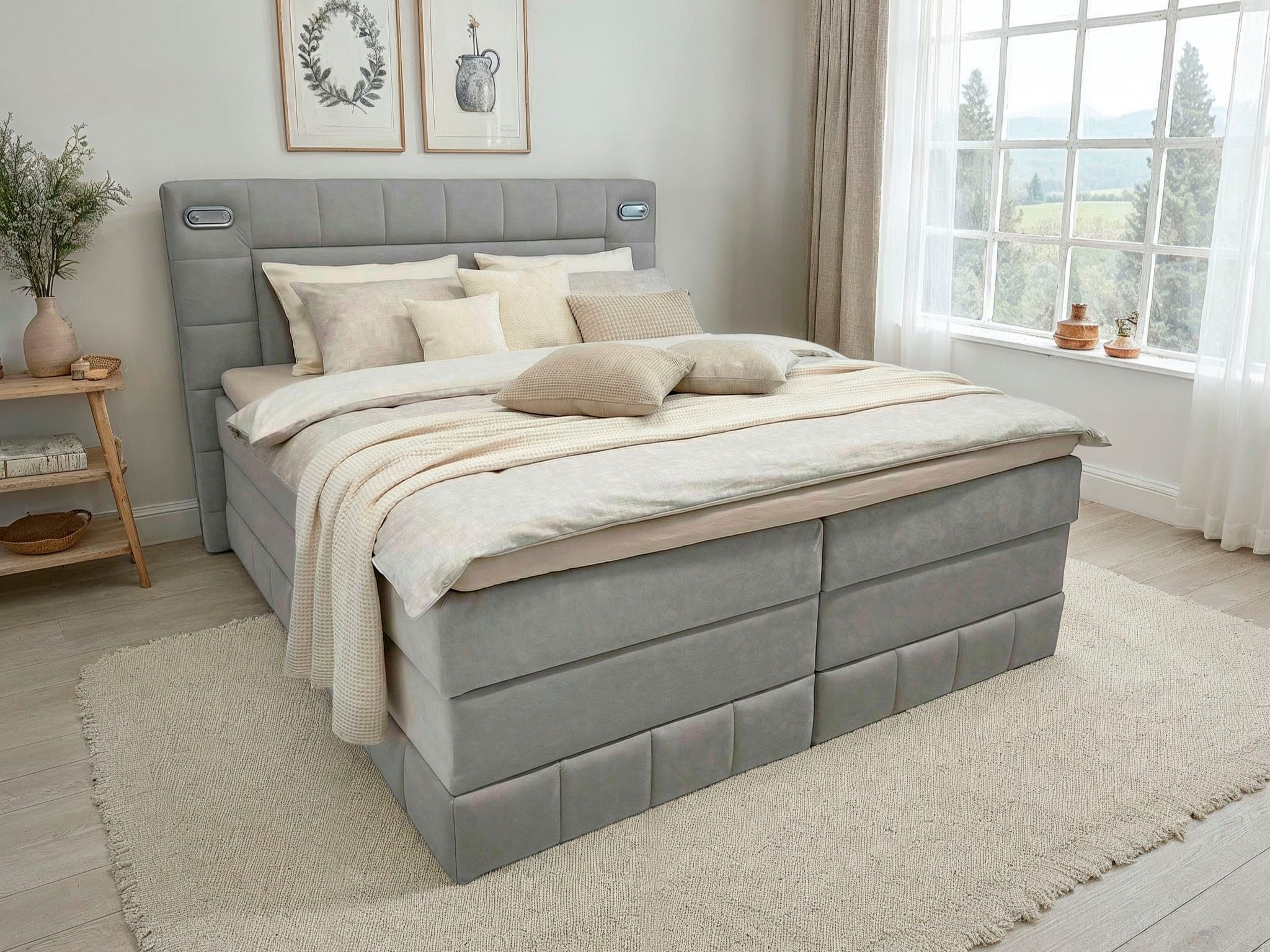 OTTO home Boxbett PHILIPPA, Polsterbett mit Bettkasten, mit Taschenfederkernmatratze H3 (Komfortliegehöhe: 64cm), mit Kaltschaum-Topper, Microfaser-Bezug, wahlweise mit LED-Beleuchtung
