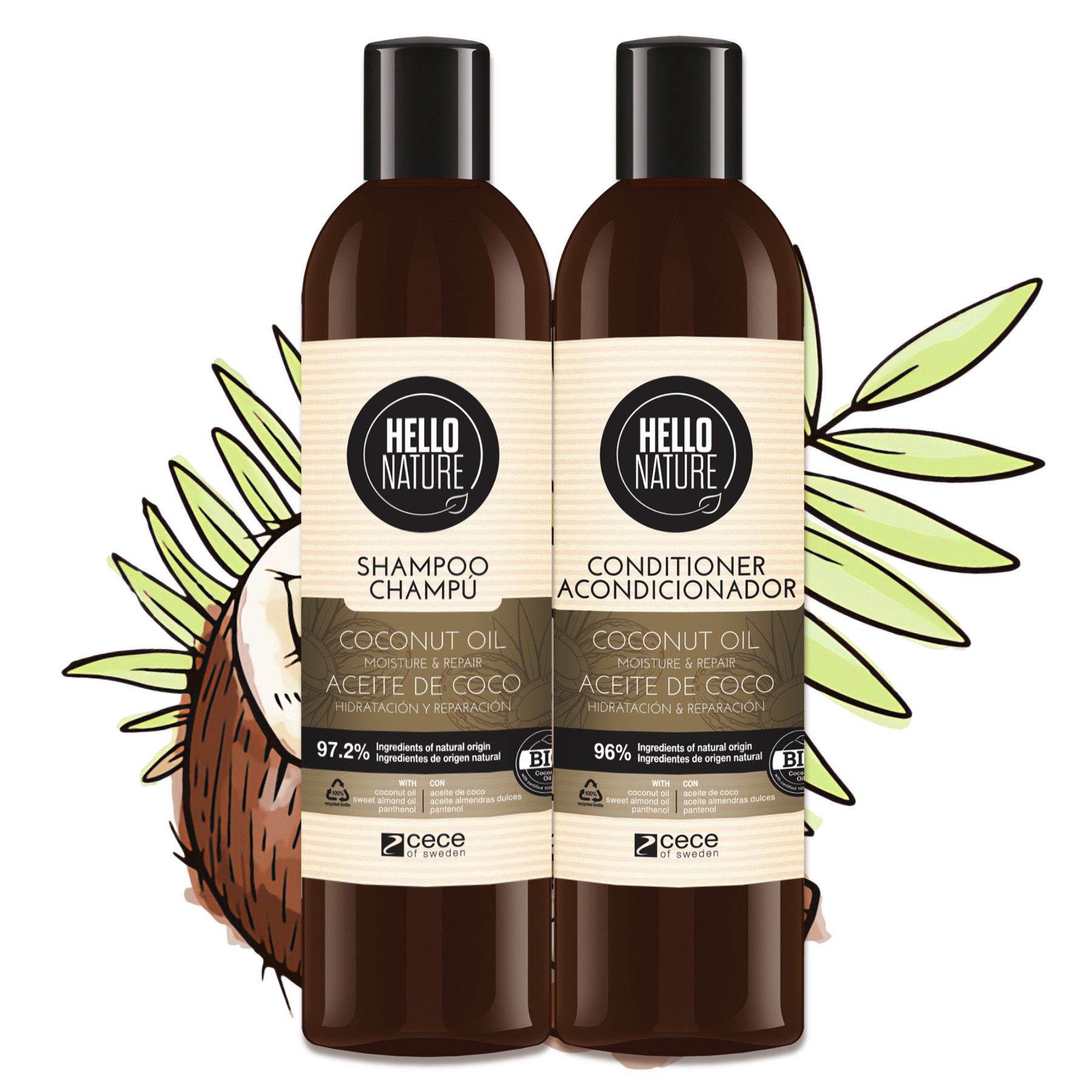 Hello Nature Haarpflege-Set Haar Haarkur Shampoo Conditioner Kokosöl Naturkosmetik Bio Vegan, 2-tlg., Haarpflege Set, Shampoo, Haarspülung, Hello Nature