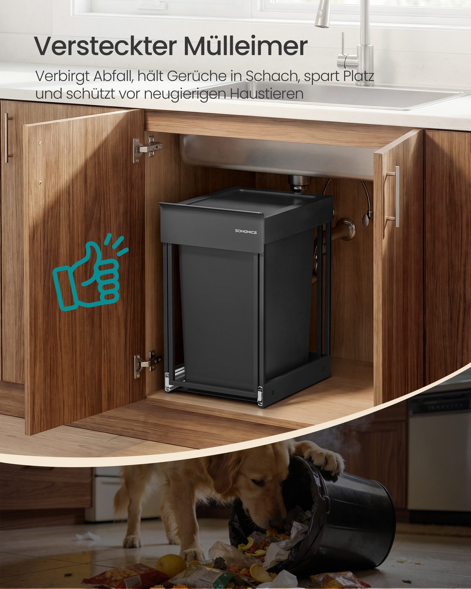 SONGMICS Mülleimer Abfalleimer ausziehbar, Küche, Stahlrahmen, ABS-Deckel, für Unterschrank – Bild 5 von 5