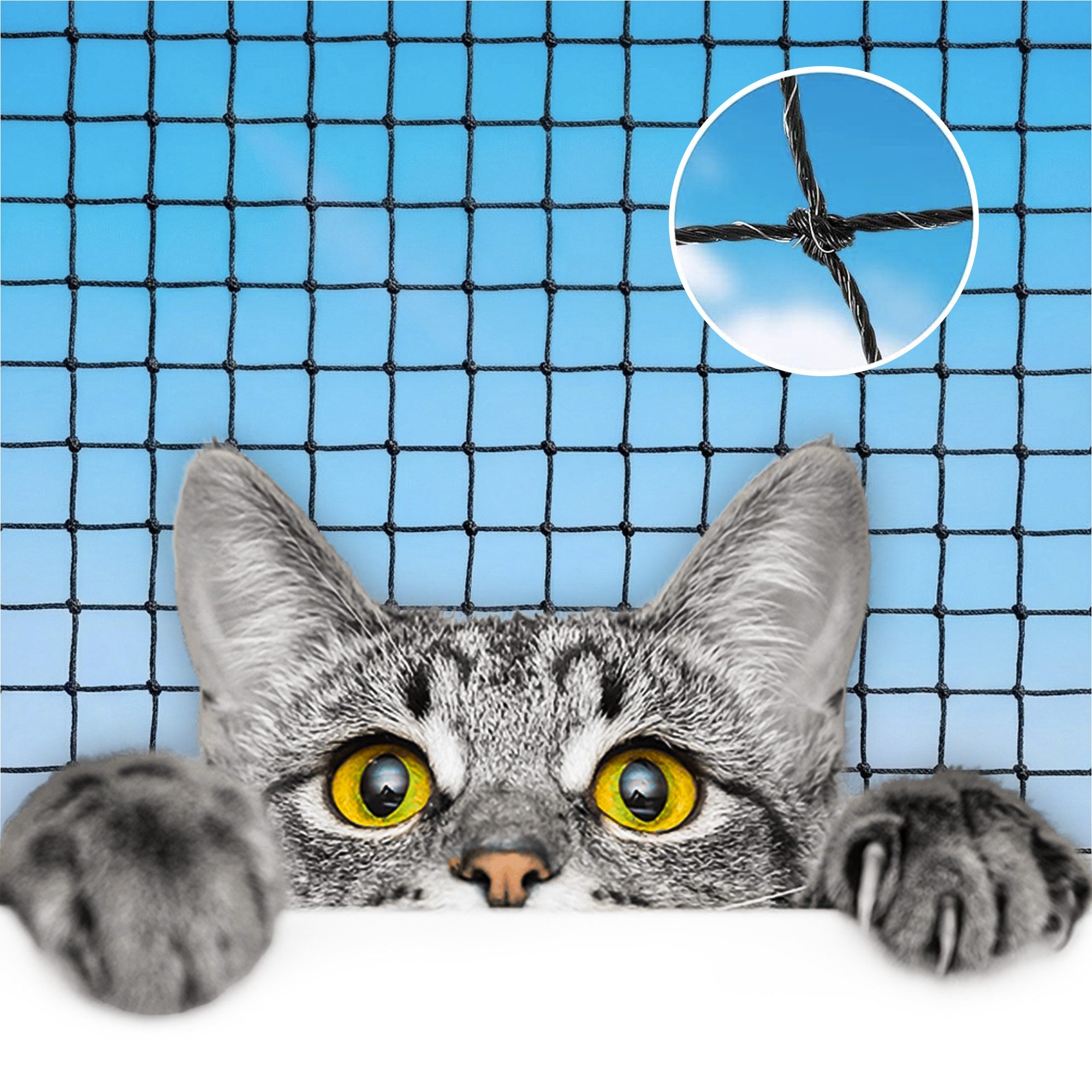 KONZEPT Tiersicherheitsnetz für Katzen, drahtverstärktes Balkonnetz mit 3 x 3 cm Maschenweite, Bissfest, Kratzfest, Reißfest, Wetterbeständig, Maschenweite: 3 x 3