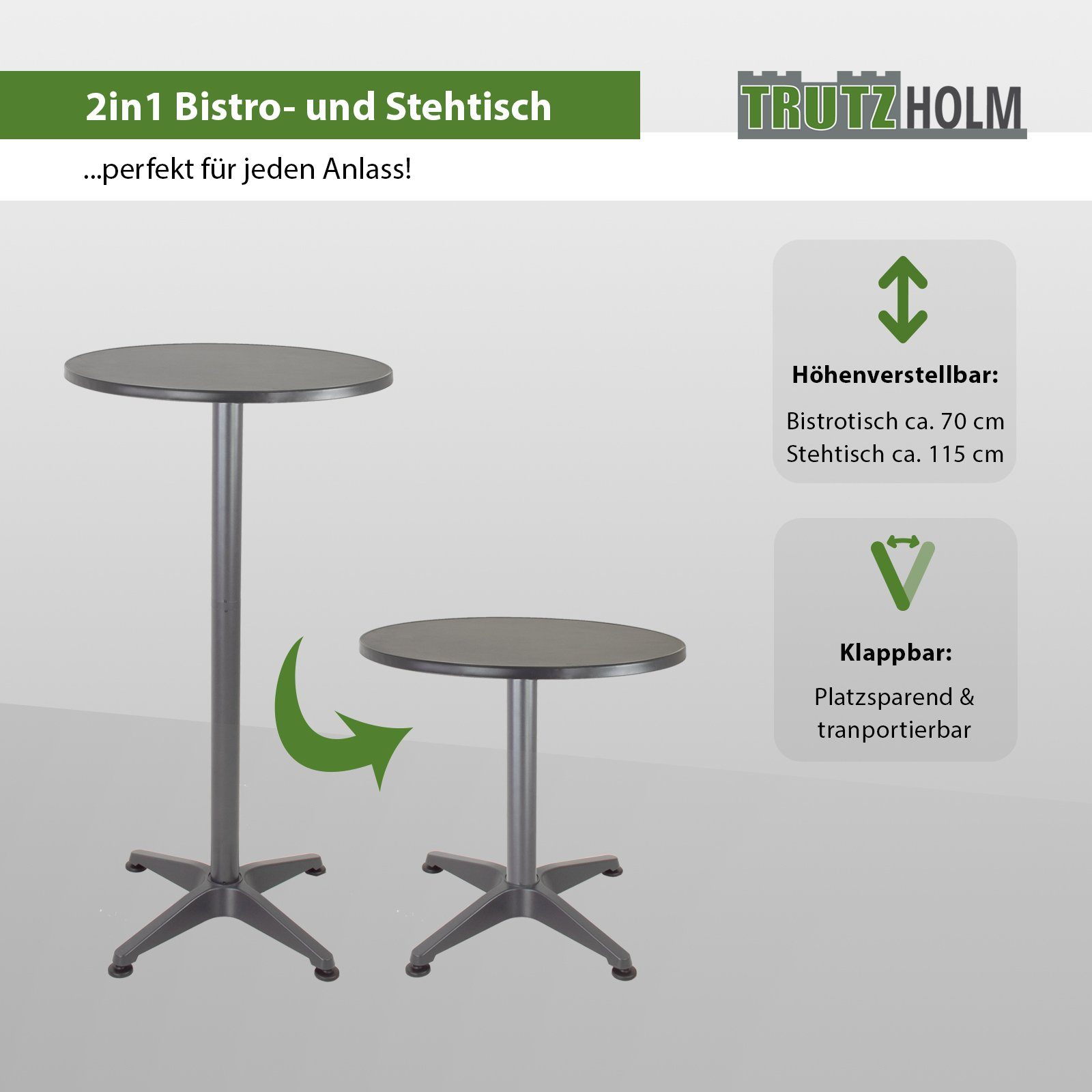 TRUTZHOLM Bistrotisch Stehtisch cm 2in1 Ø (2in1 Tisch) Bistrotisch klappbar höhenverstellbar 70/115 Alu