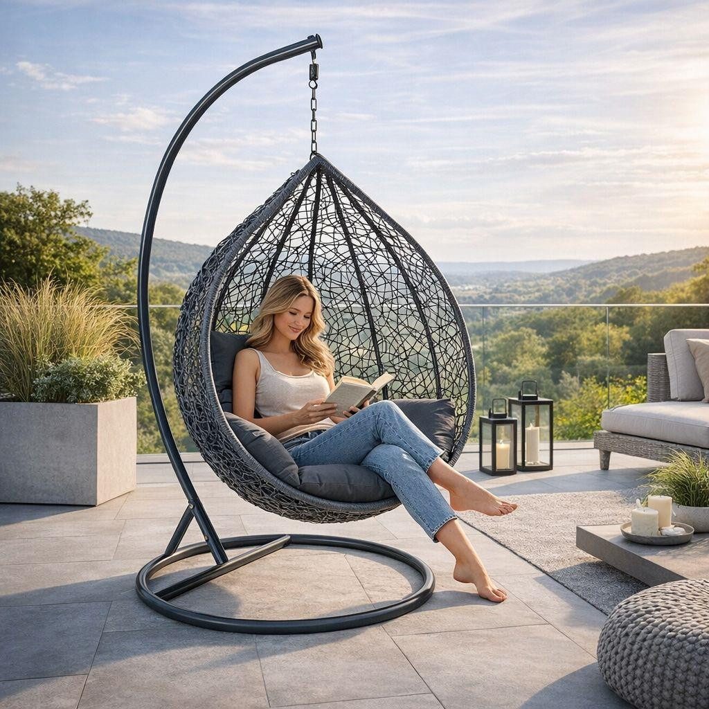ESTEXO Hängesessel Polyrattan Hängekorb mit Gestell Rattan Hängestuhl Sessel Anthrazit