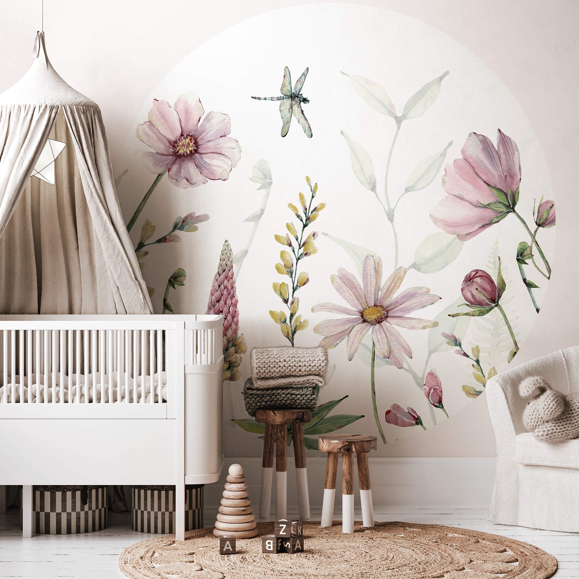 K&L Wall Art Fototapete selbstklebend Vliestapete Blumen Wandbild rund Vintage Natur Wanddeko, floral, bedruckt, selbstklebende Tapete