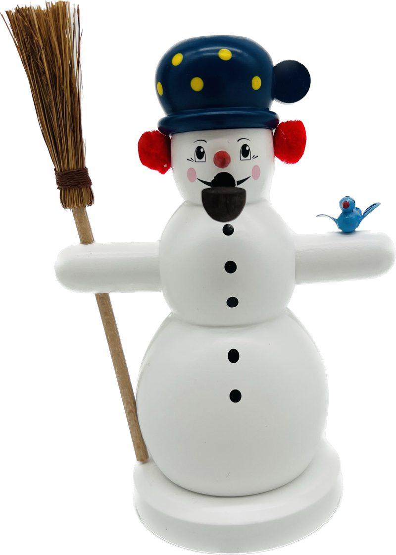 Richard Glaesser Räuchermännchen Schneemann mit Besen und Vogel, Höhe 15cm, Handwerkskunst original Erzgebirge