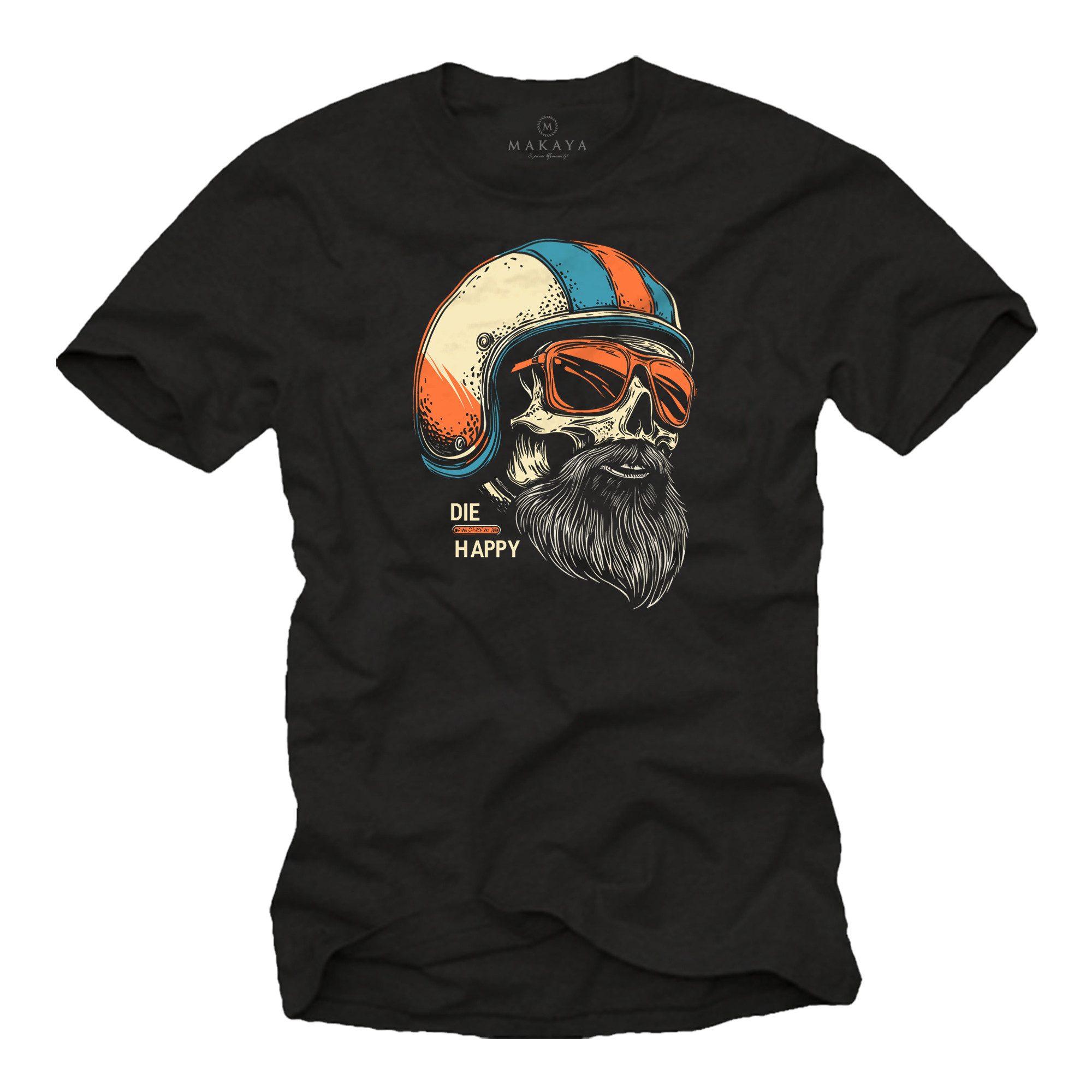 T-Shirt Bikershirt für Herren – Totenkopf mit Bart & Helm mit Aufdruck