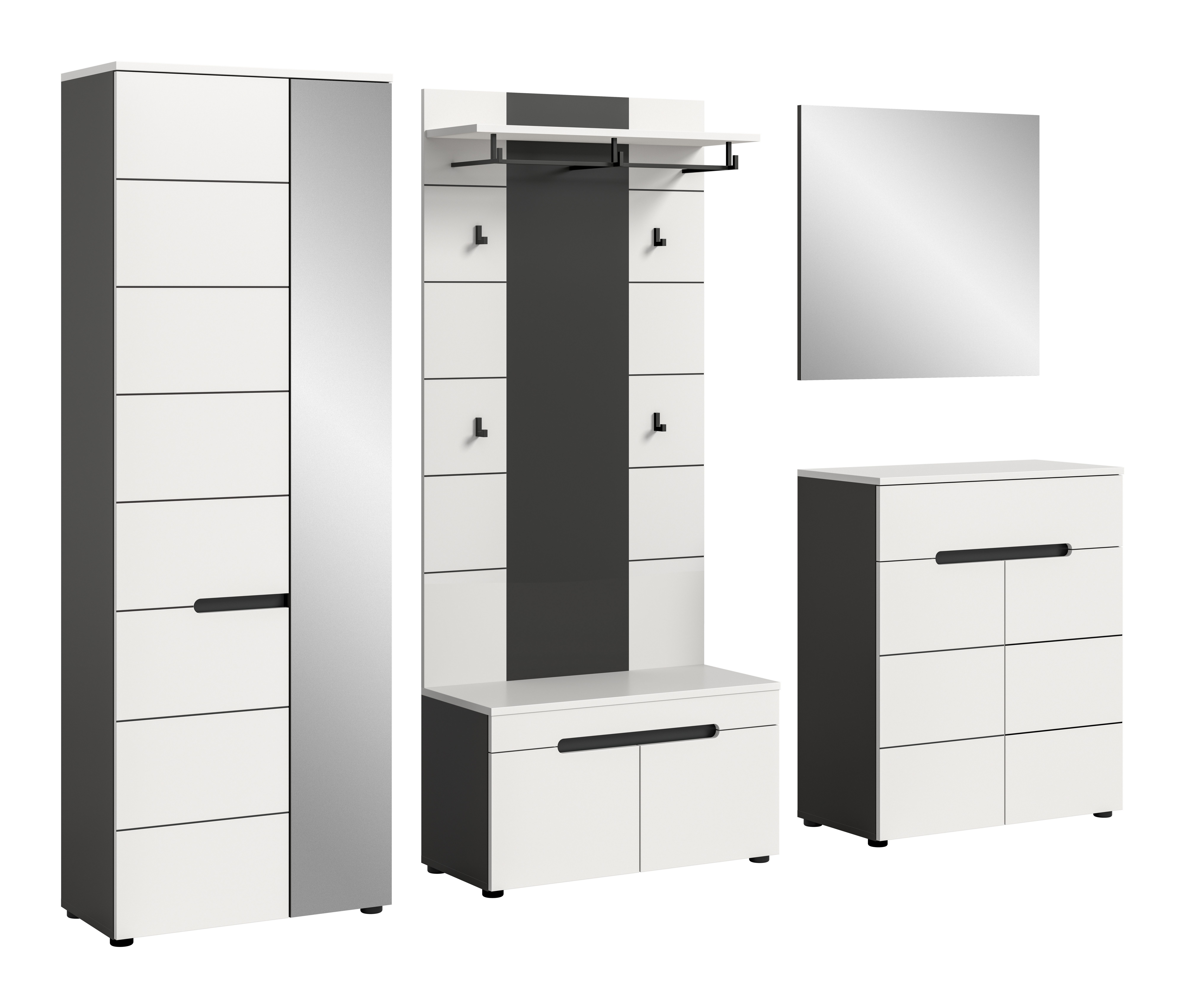 furnling Garderoben-Set Cano, (2-St., Garderobenpaneel, Garderobenschrank, Schuhkommode, Sitzbank, Spiegel), Flurmöbel, Garderobenmöbel, Breite 255 cm, Basalt grau/weiß