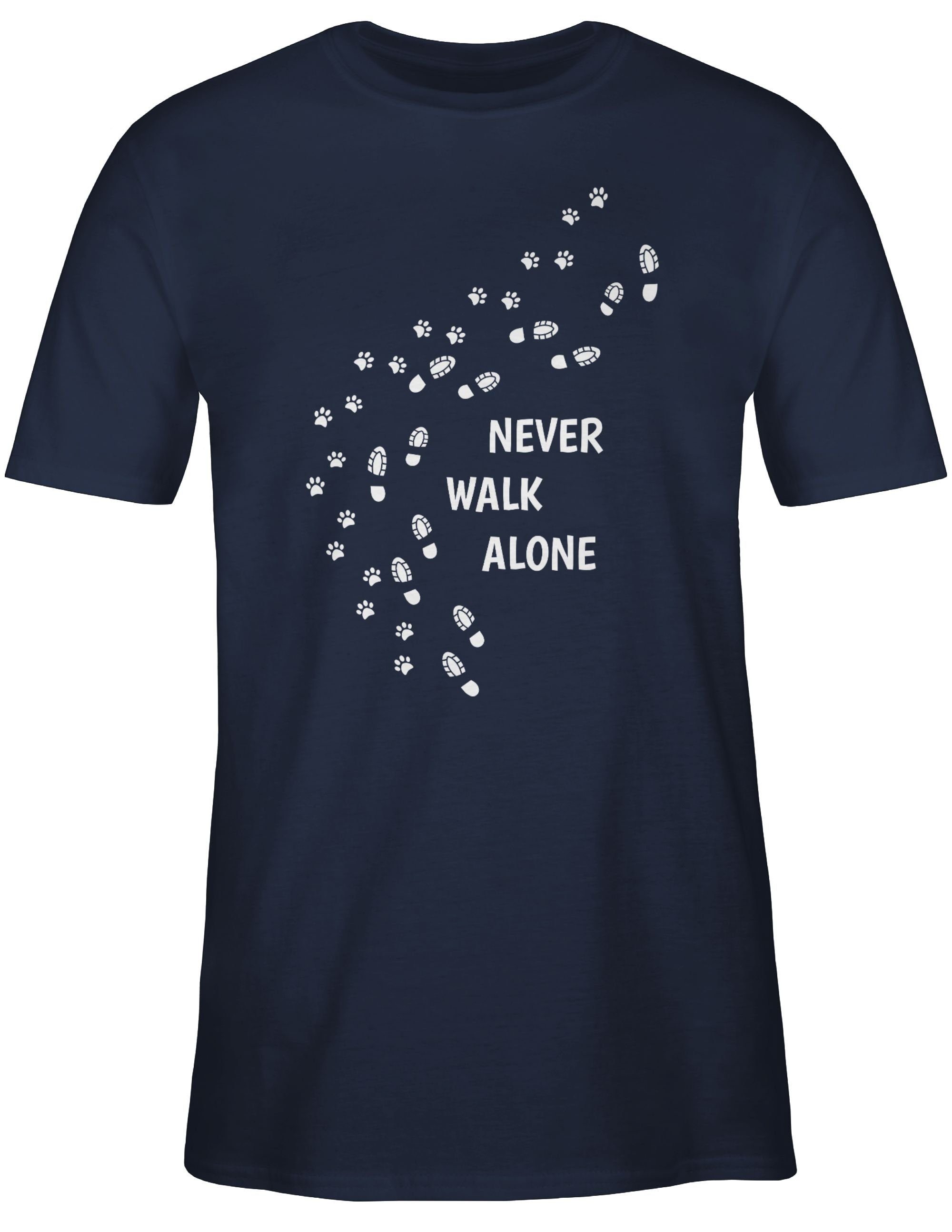 für 2 Geschenk T-Shirt alone Shirtracer Pfotenabdrücke Never walk Blau Hundebesitzer Navy